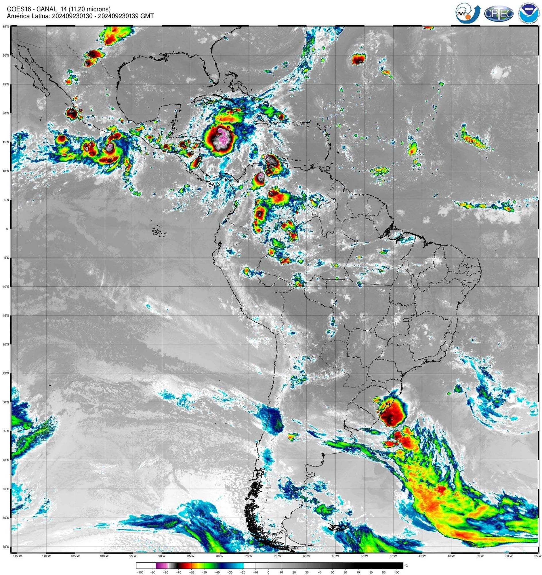 Imagem de satélite GOES16 de 23 de setembro de 2024 mostrando vários sistemas convectivos