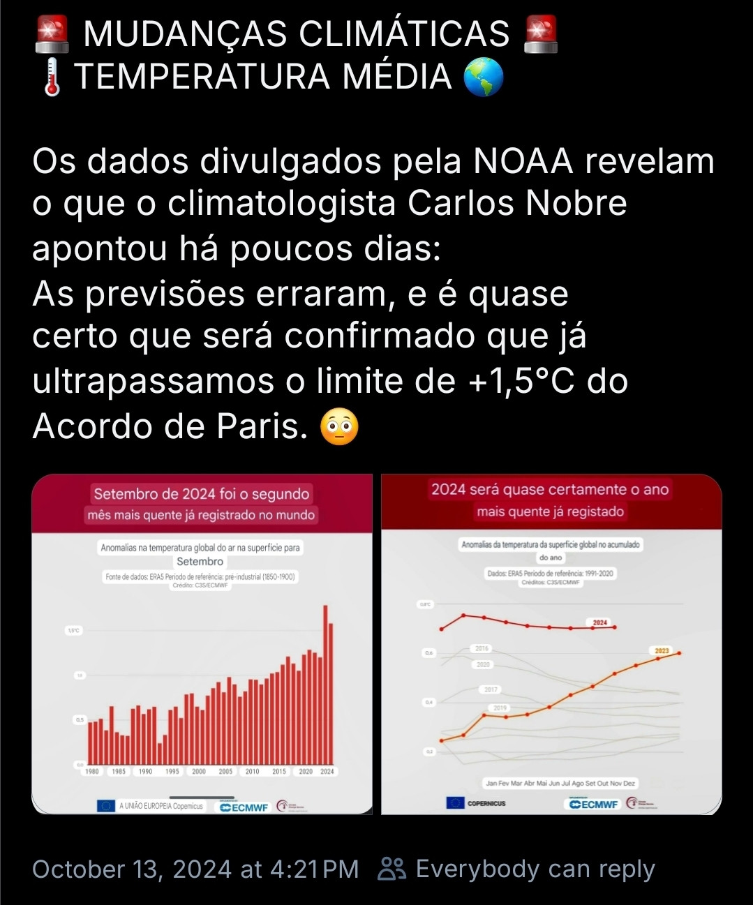 Print de post no Bluesky contendo desinformação com o seguinte conteúdo:

" 🚨 MUDANÇAS CLIMÁTICAS 🚨
🌡TEMPERATURA MÉDIA 🌎

Os dados divulgados pela NOAA revelam o que o climatologista Carlos Nobre apontou há poucos dias:
As previsões erraram e é quase certo que será confirmado que já ultrapassamos o limite de +1.5°C do Acordo de Paris. 😳"

Após este texto, há duas imagens contendo gráficos, um referente a anomalia de temperatura média global do mês de setembro de 2024 e outro com linhas representando anomalias anuais. A conclusão do autor é uma interpretação incorreta.