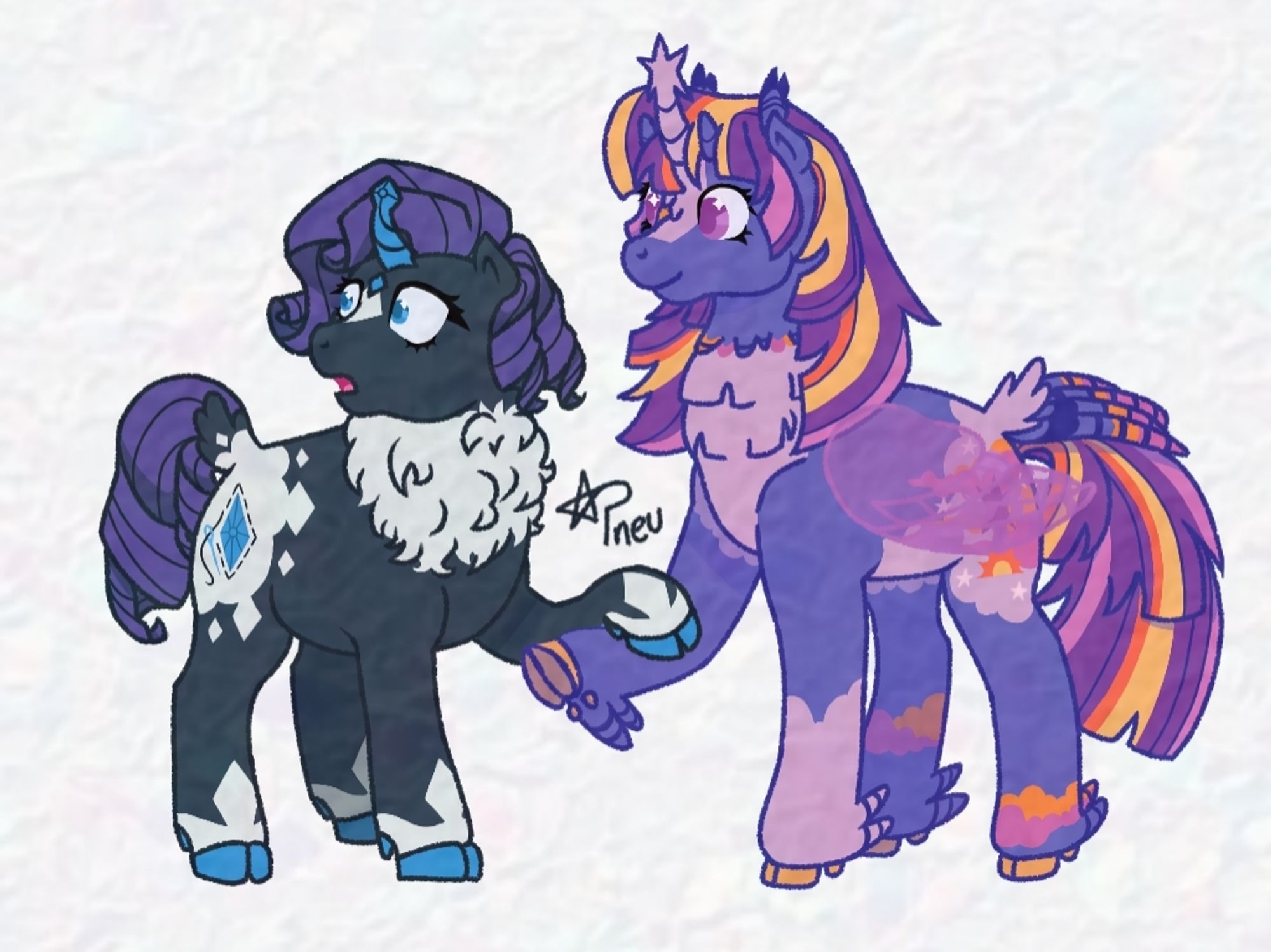 redesign da rarity e twilight sparkle de mlp. a rarity é um unicórnio com a pelagem escura com manchas brancas em formato diamante, sua crina é roxa com cachos curtos, seu chifre e cascos são azuis. a twilight é mais alta que rarity, é um unicórnio com asas de magia rosa transparentes, sua pelagem é azul escuro roxeado pastel com manchas lilás, sua crina roxa é longa e tem faixas nas cores rosa, amarelo e laranja.