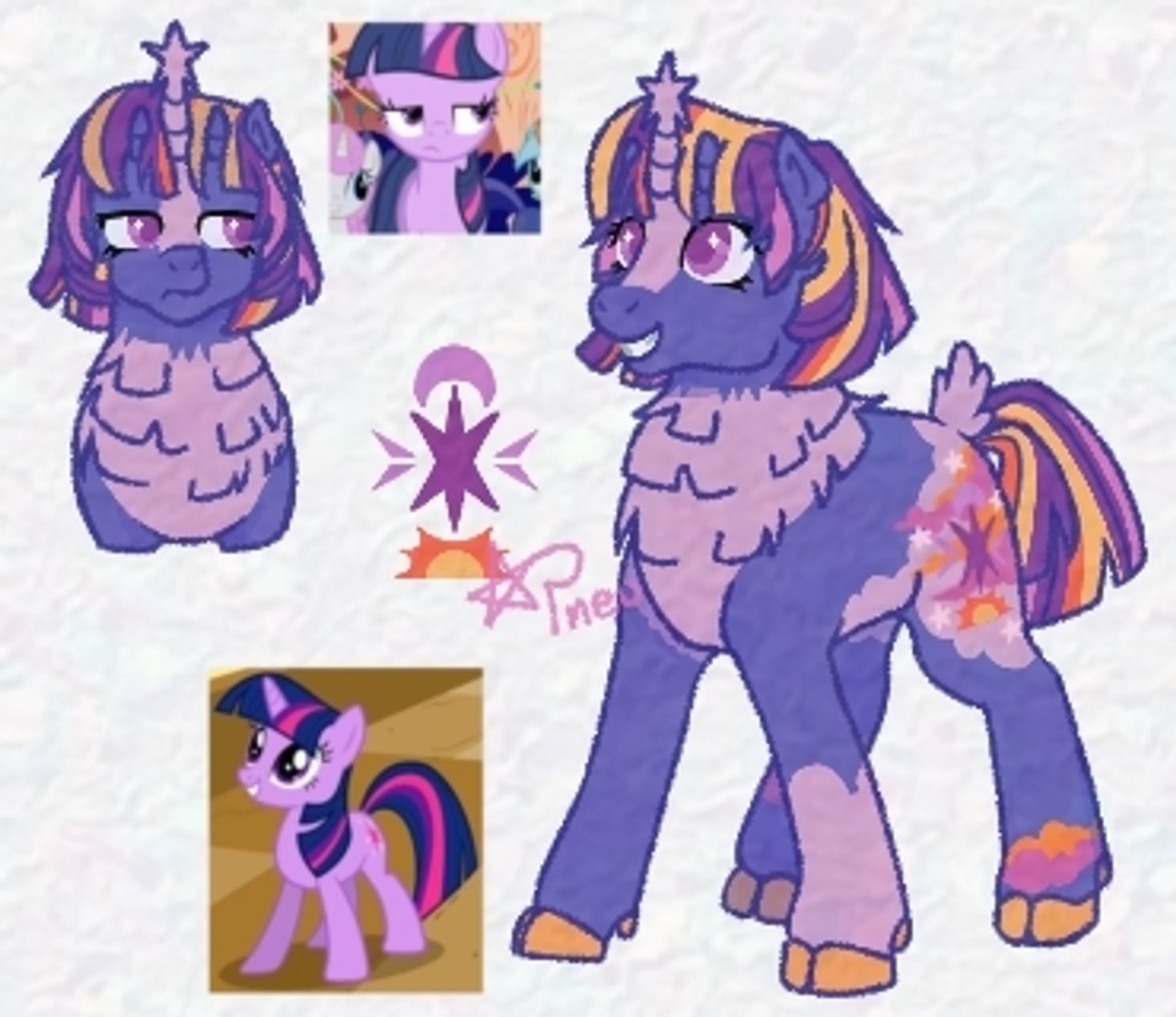 redesign da twilight sparkle de mlp.ela é um unicórnio com a crina curta roxa e faixas das cores rosa, amarelo e laranja. seu corpo é um azul escuro roxeado pastel com manchas lilás, e manchas rosa e laranja com formato de nuvens nas patas traseiras. seus cascos são amarelos. ela tem três chifres, dois sendo pequenos e no meio deles um maior com uma estrela na ponta.