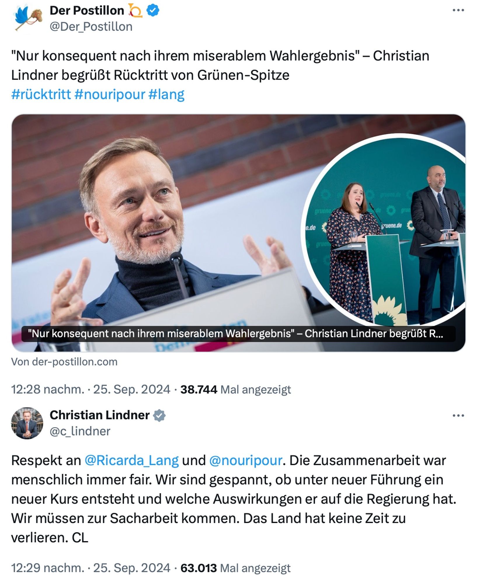 Der Postillon postet ein satirisches Bild, das Christian Lindner zeigt, wie er den Rücktritt der Grünen-Spitze nach einem schlechten Wahlergebnis begrüßt. Im Vordergrund steht ein Foto von Lindner am Rednerpult mit freundlichem Gesichtsausdruck und erhobenen Händen. Daneben sieht man Ricarda Lang und Omid Nouripour von den Grünen ebenfalls an einem Rednerpult. Sie wirken ernst. Darunter kommentiert Lindner respektvoll den Rücktritt von Ricarda Lang und Omid Nouripour auf Twitter und weist darauf hin, dass die Zusammenarbeit menschlich fair war und gespannt verfolgt wird, welche Auswirkungen die neue Führung auf die Regierung haben wird.