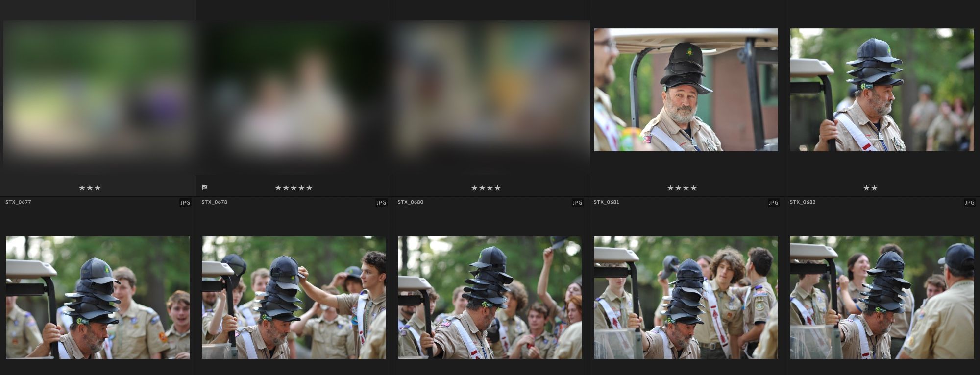 Series of photos showing a man collecting a growing stack of ball caps on his head