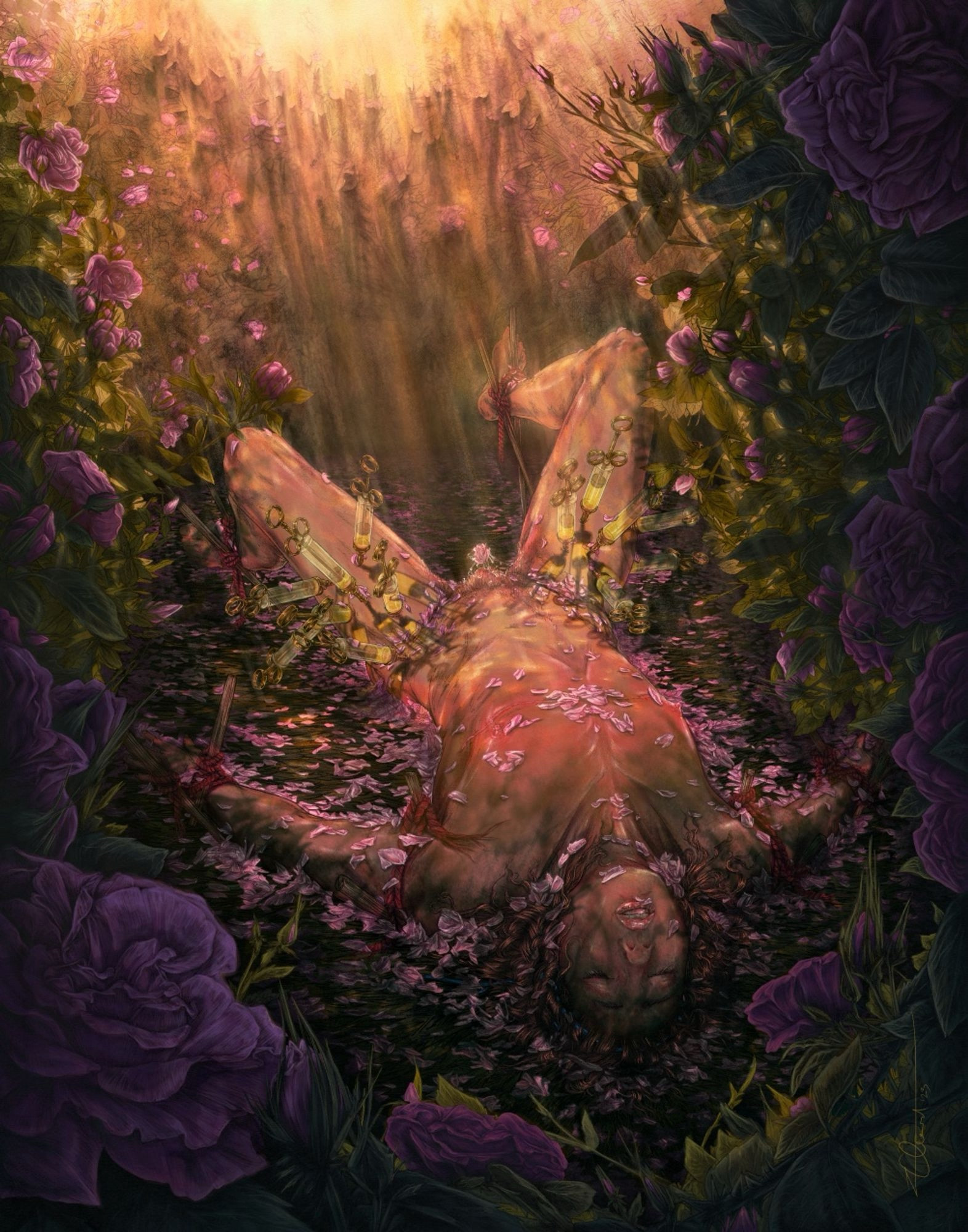 digital painting of a transmaculine figure bound in a garden and covered in flower petals, by Zev Chevat. tw:syringes ?