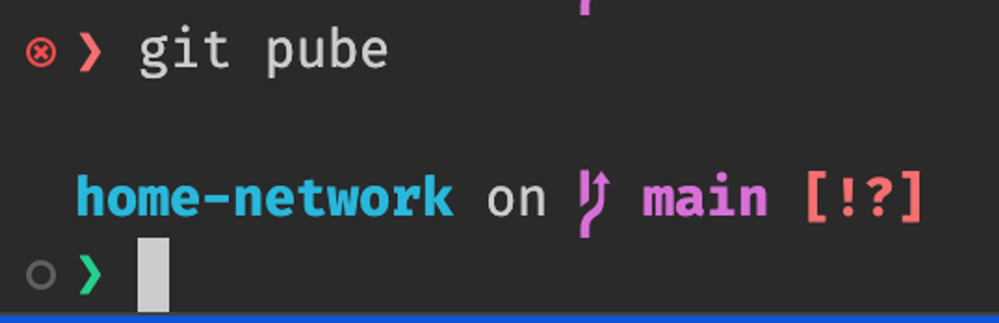 A screenshot of a zsh terminal showing the command `git pube`