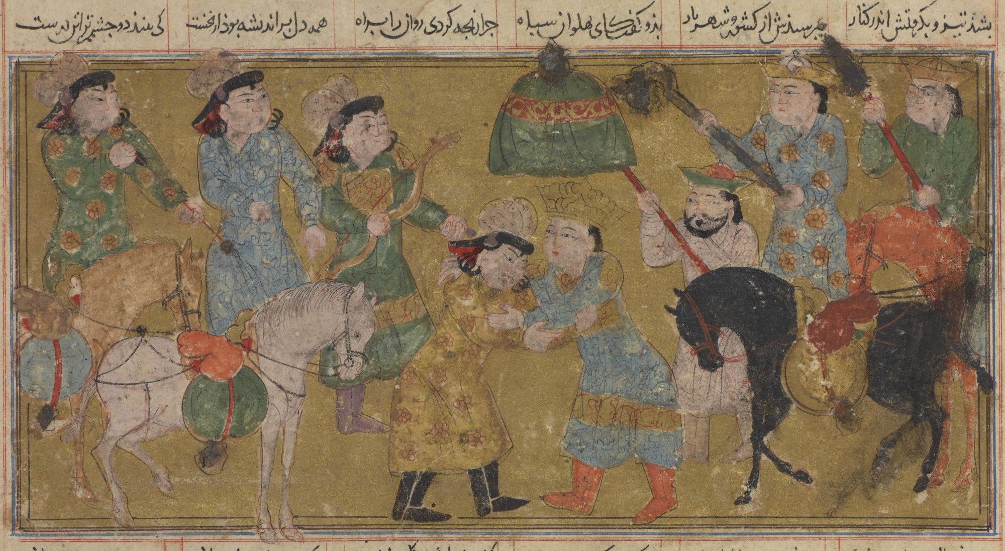 Siyavush accueillant Piran. Illustration tirée du Premier Petit Shahnama Mongol, Iran, XIVe s. Freer Gallery, Washington.