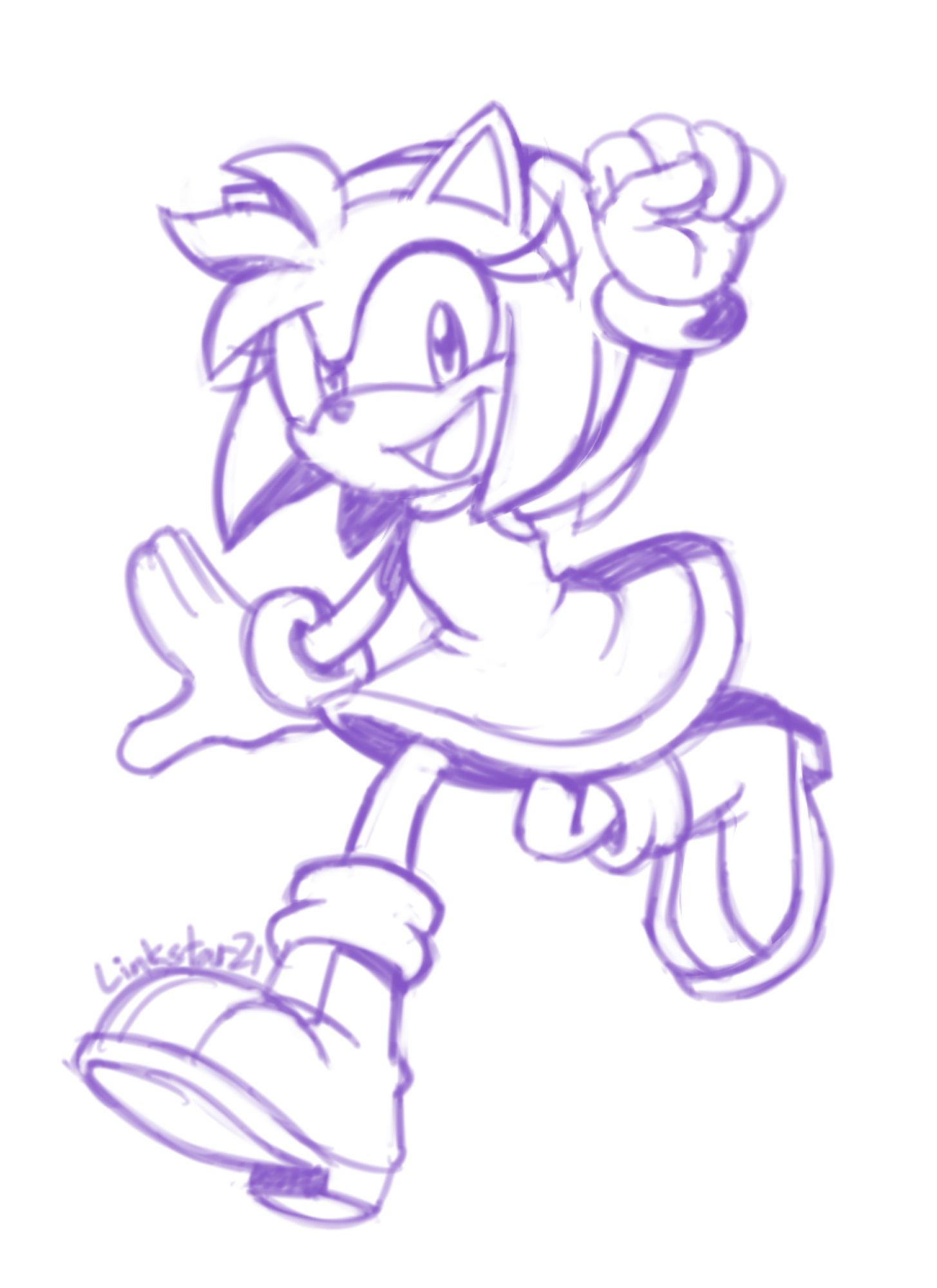 a no color sketched redraw of a Sonic Channel art piece by Yuji Uekawa of Amy Rose running with her fist up with a happy and friendly expression on her face