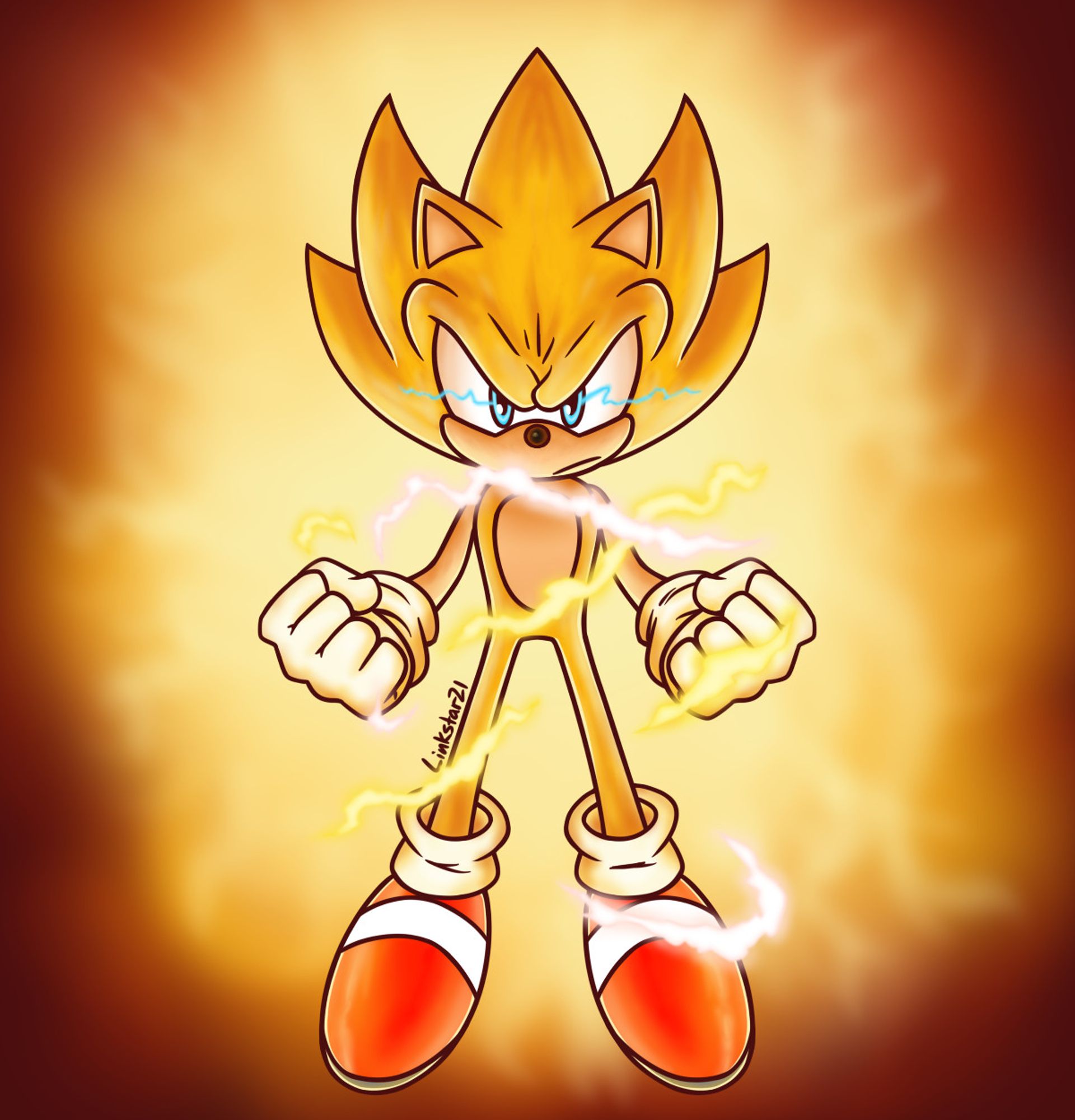 Super Sonic from the new Sonic Frontiers DLC trailer, he has piercing blue eyes with lightning coming from them, as well as lightning crackling around his body as energy bursts out from him, he has a very intense glare.