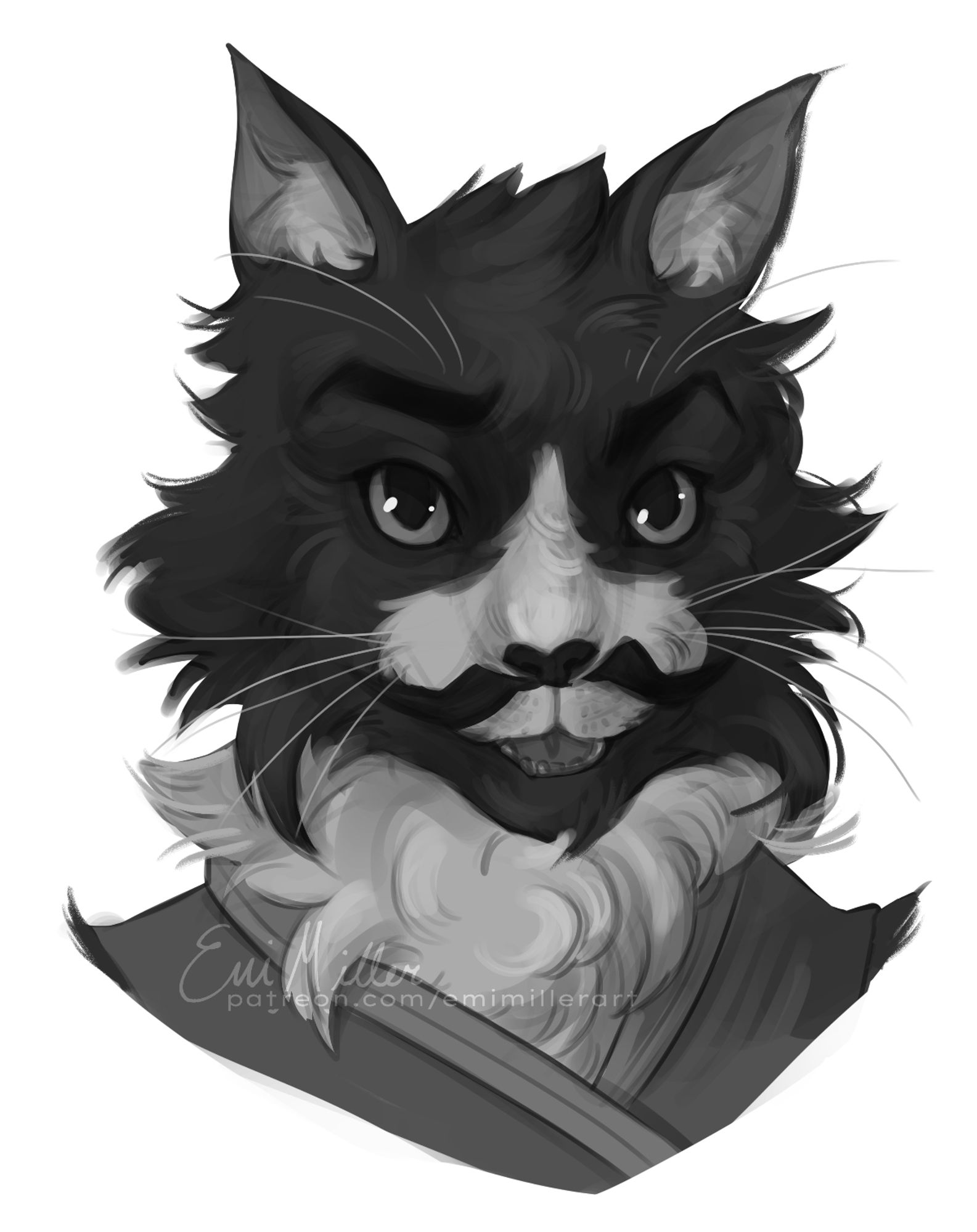 A black and white portrait of a fluffy tabaxi with tuxedo markings. Appears to have a moustache