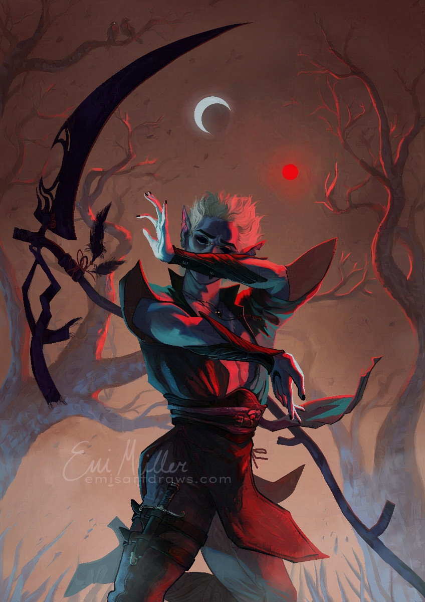 

An illustration in tones of red of a drow casting a spell. He is lit by red light, and above him hangs a white crescent moon and a red full moon. His eyes are filled with black. Wind whips around, and he is framed by skeletal trees. Behind him he is crossed by a large black scythe. On a branch behind him sit two ravens.