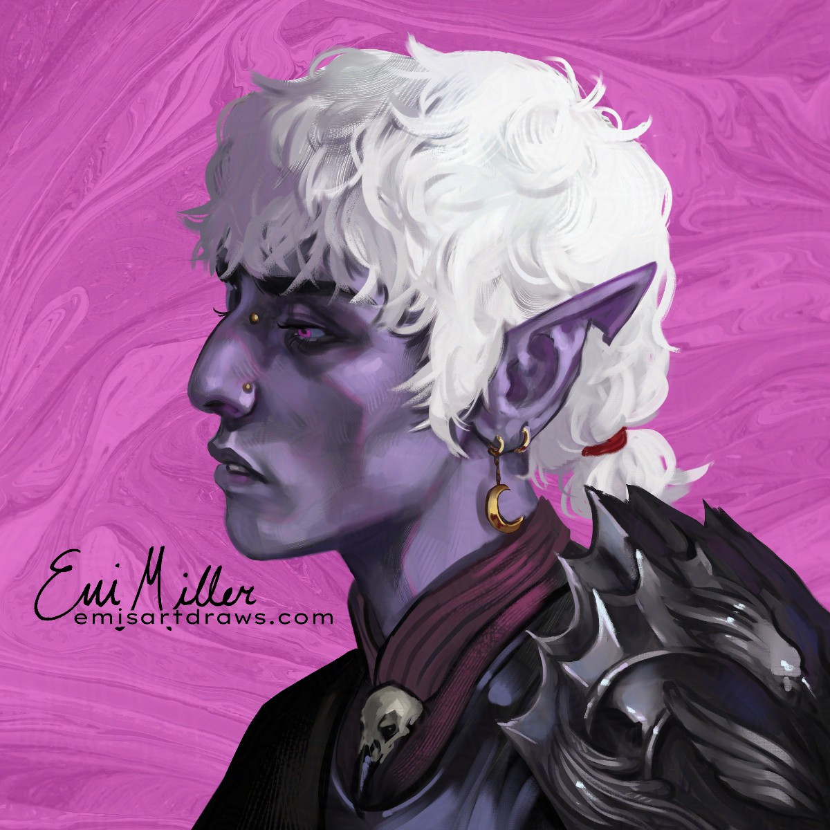 An illustrated portrait of a drow (dark elf) with purple skin and short, wavy white hair from the shoulders up. He faces the left, and has a hooked nose and a notch taken from one ear. He has a bridge piercing and a stud in his nose. He wears a gold earring with a crescent moon hanging from it. He wears a high collar with a raven's skull in the center. One pauldron of his plate armour is visible - it is made from black metal and is spiky, resembling feathers.