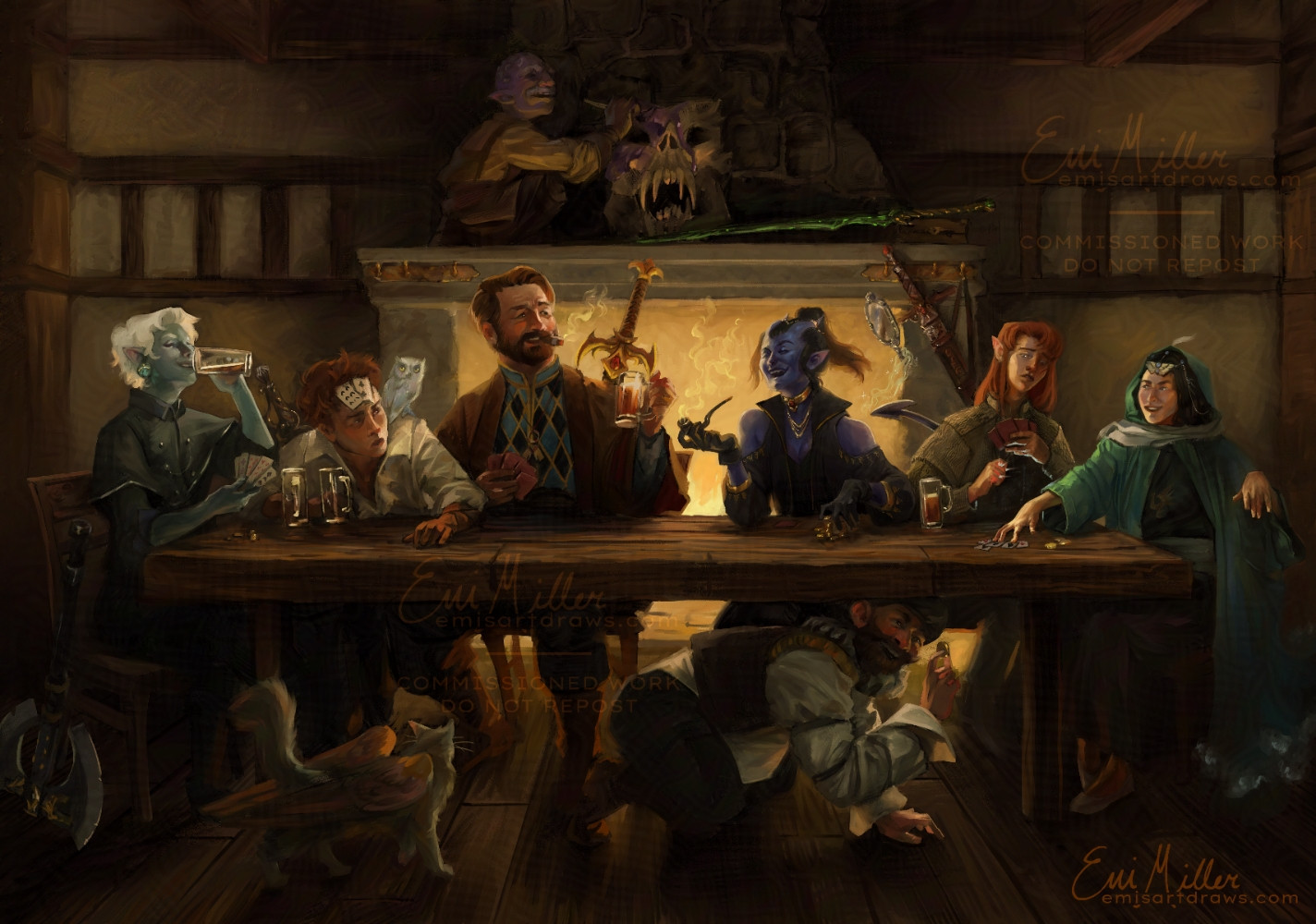 TAVERN PARTY

An illustration of a scene in a tavern of an adventuring party. The group sits on the far side of a long table against a large marble fireplace. They are playing a card game. From left to right: An air genasi with blue skin and short white hair laughing and drinking from a glass. A man with cards stuck to his forehead who appears to have woken from a drunken stupor - his hair is reddish brown, skin fair, and is wearing a loose white shirt. A heavier man with a ruddy face is laughing and holding up a beer glass - he has brown hair and a full beard, and wears nobleman's clothes. A feminine tiefling with blue skin and black hair adorned with golden jewellery, holding a smoking pipe. A worried-looking elf with fair skin and long red hair clutches her holy amulet in a prayer. A shorter woman with east asian features and pale skin, showing her hand triumphantly - she wears a flowing green cape. Beneath the table an older man with nobleman's clothes crawls around looking for coins. On the mantlepiece behind the group is a huge troll's skull. Crouched next to this, painting it purple, is a bald deep gnome. This gnome has markings of eyes all over his head and is laughing.