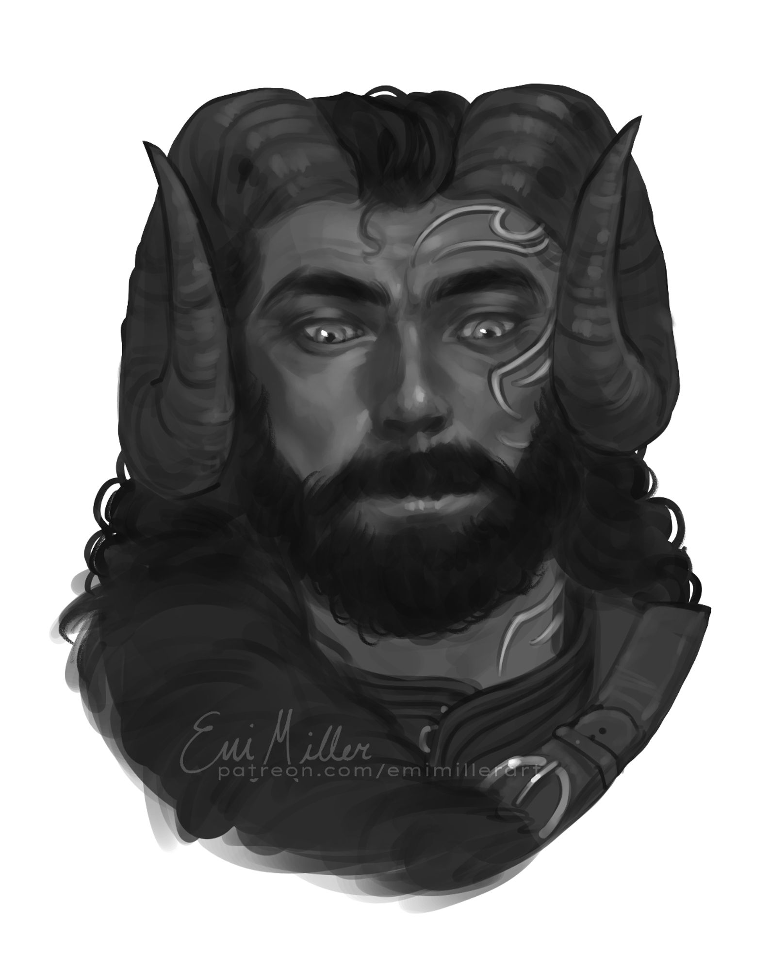 A black and white illustrated portrait of a tiefling with dark skin. He has ram's horns and a thick beard. On the left side of his face and neck are golden, sinuous tattoos. His eyes are bright.