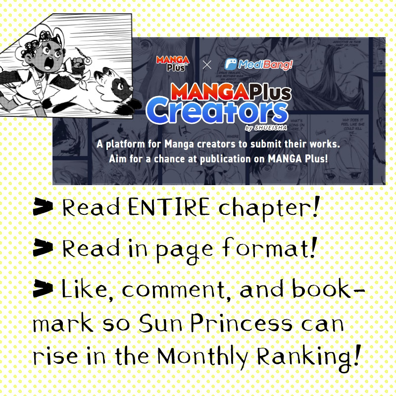 Social media promo image. Features the Manga Plus website banner, in addition to an image of Woolie and Zettie running. "Read ENTIRE chapter! Read in page format! Like, comment, and bookmark so Sun Princess can rise in the Monthly ranking!"