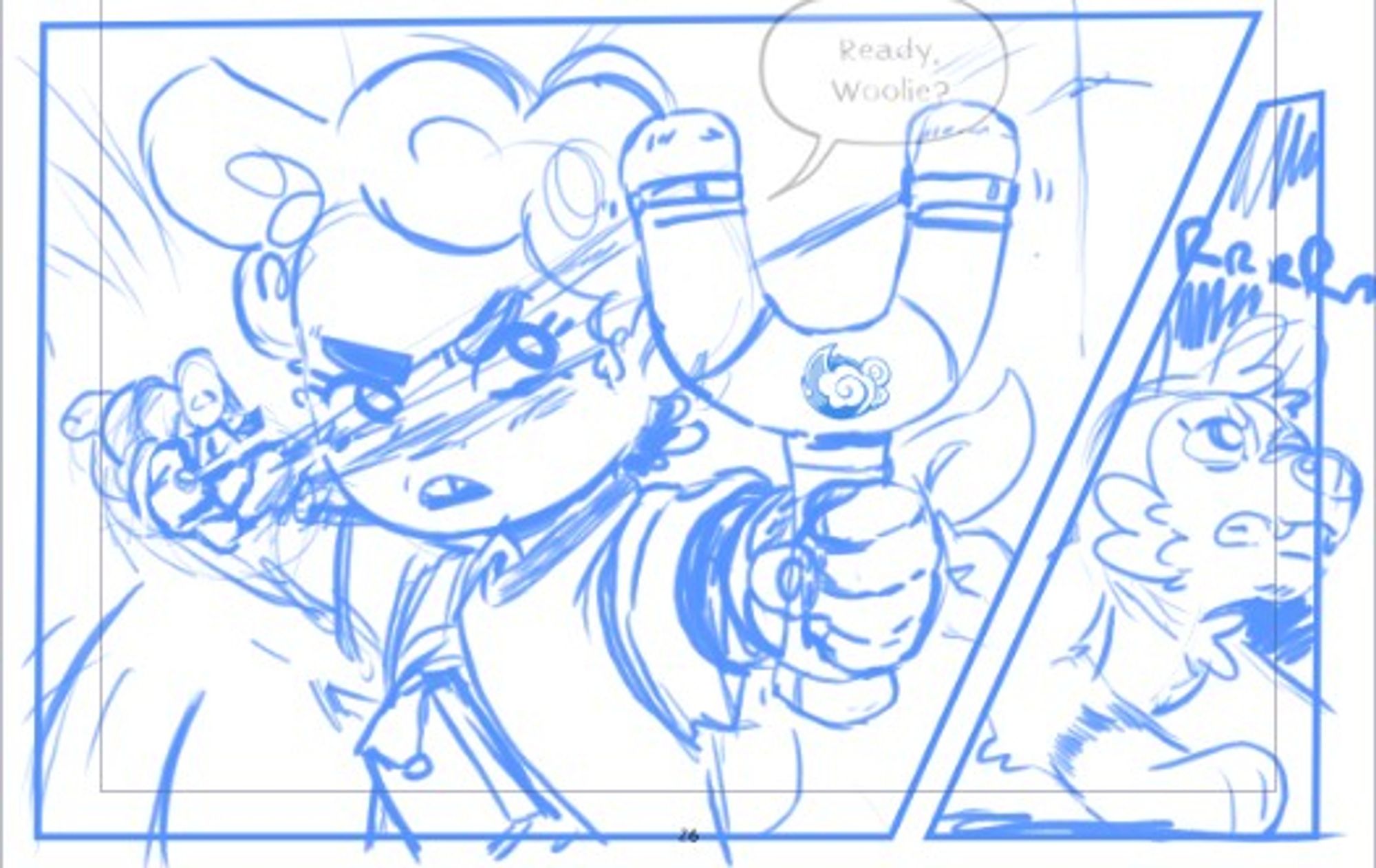 2 comic panels in blue pencil. 1) Zettie pulls back on a slingshot, "ready Woolie?" 2) Upshot on Woolie crouching in preparation