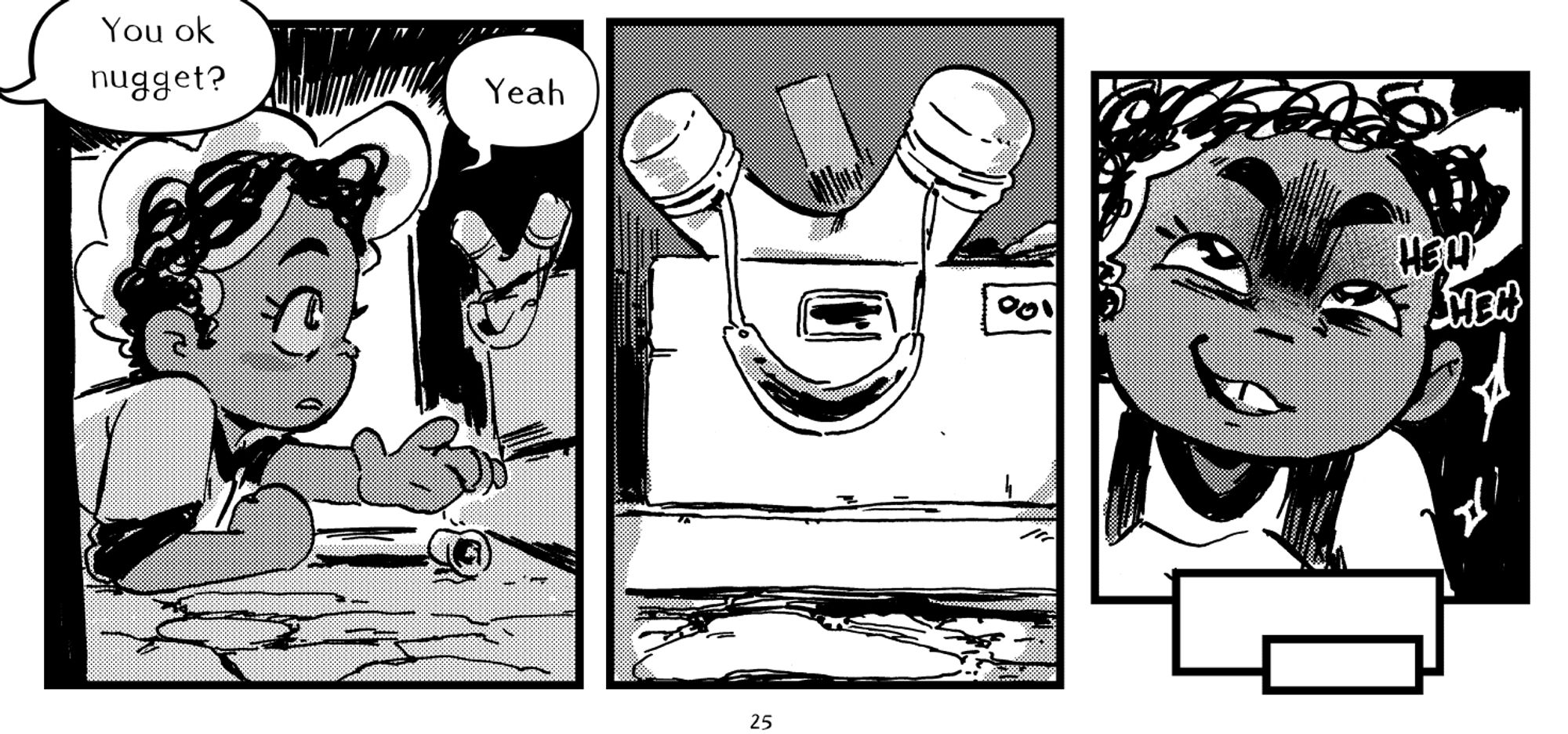 Comic panels of the character Zettie crawling underneath a table and finding a slingshot. The last panel is of Zettie chuckling mischievously