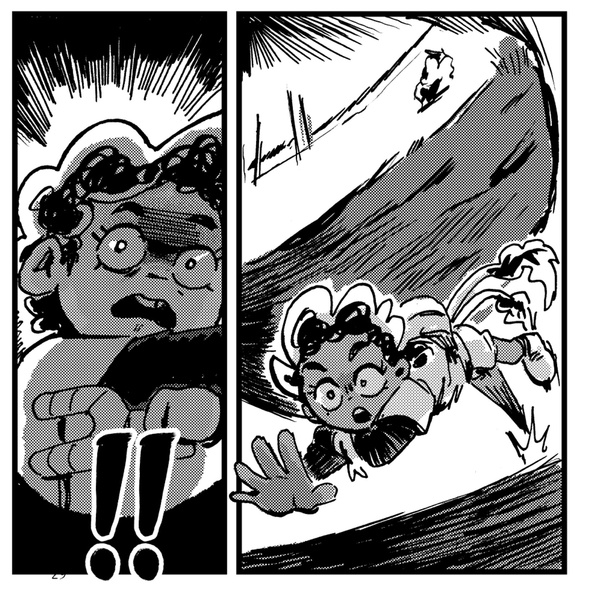 2 panels, one of Zettie looking up in shock, the second panel is Zettie leaping out of the way as a mattress falls down on her