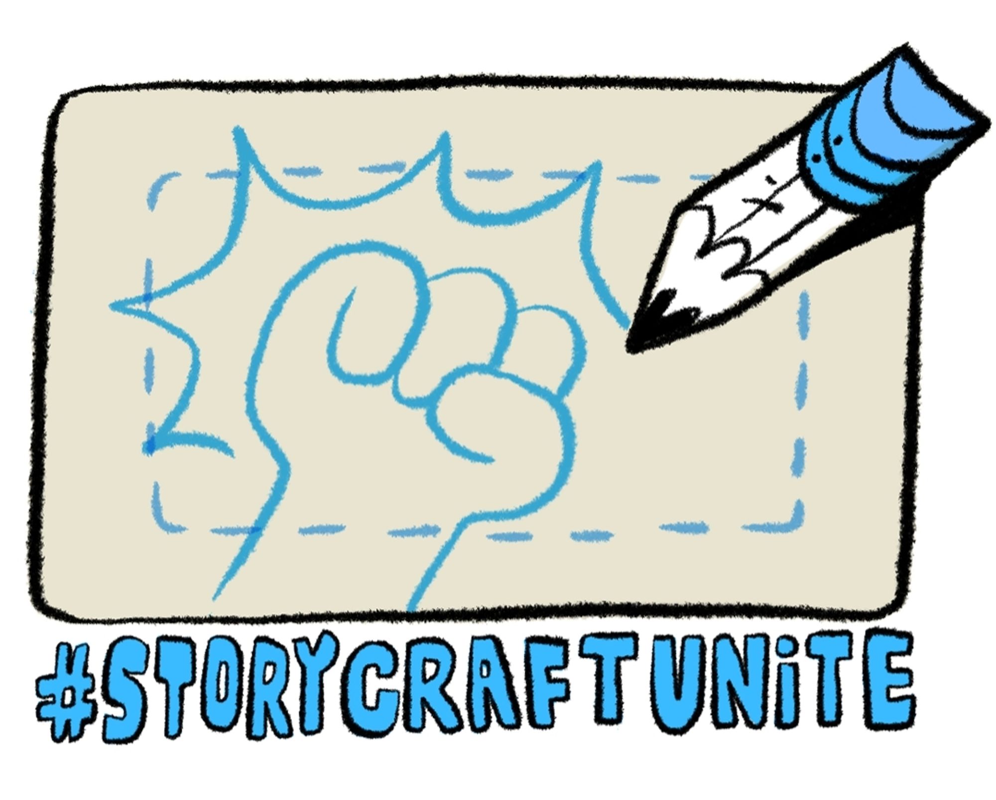 Drawing of a storyboard panel. It's a pencil drawing a fist raised in solidarity. Beneath is written in blue #StoryCraftUnite