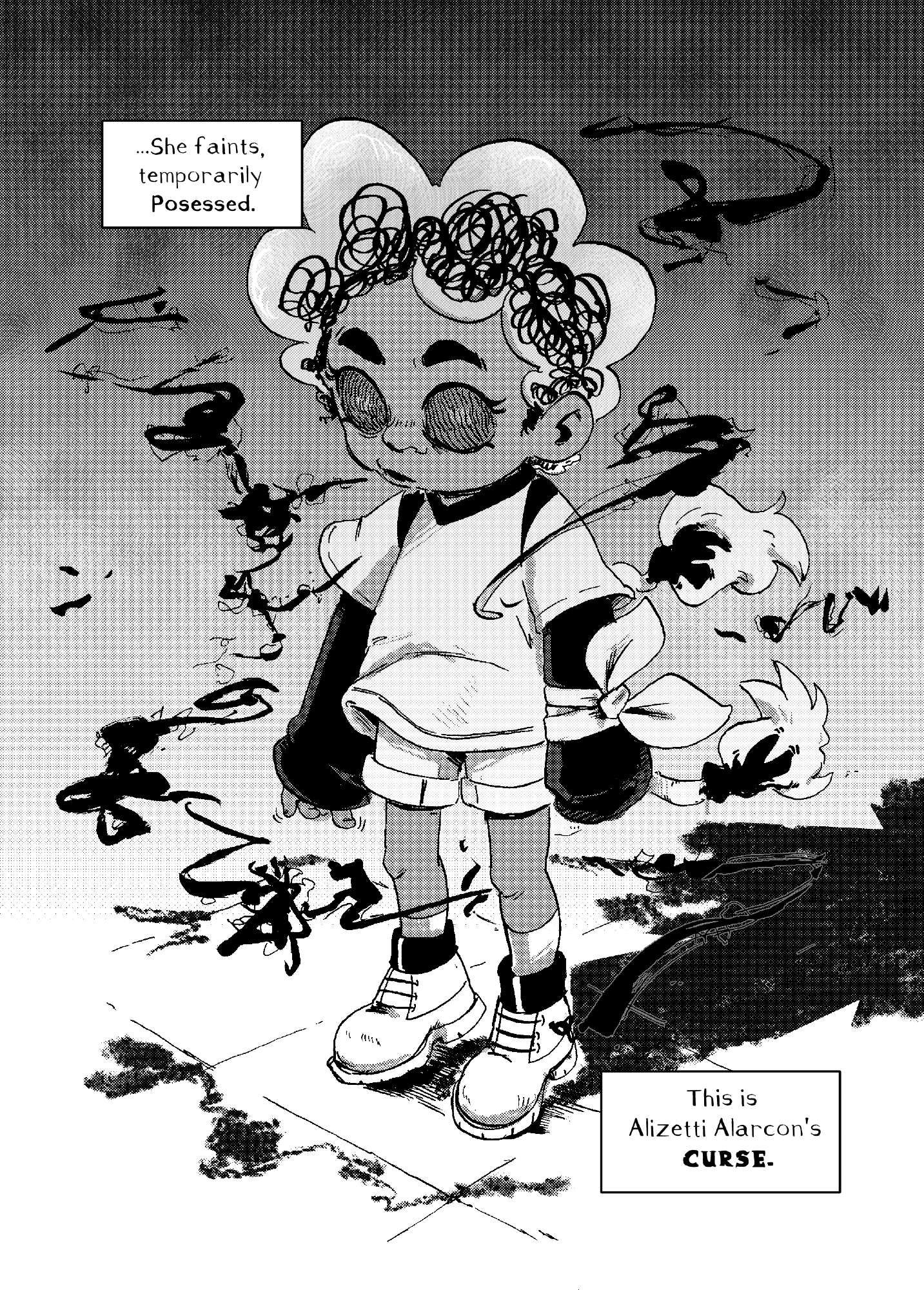 full black and white page comic panel. the character Zettie is floating slightly off the ground, possessed by a dark force.