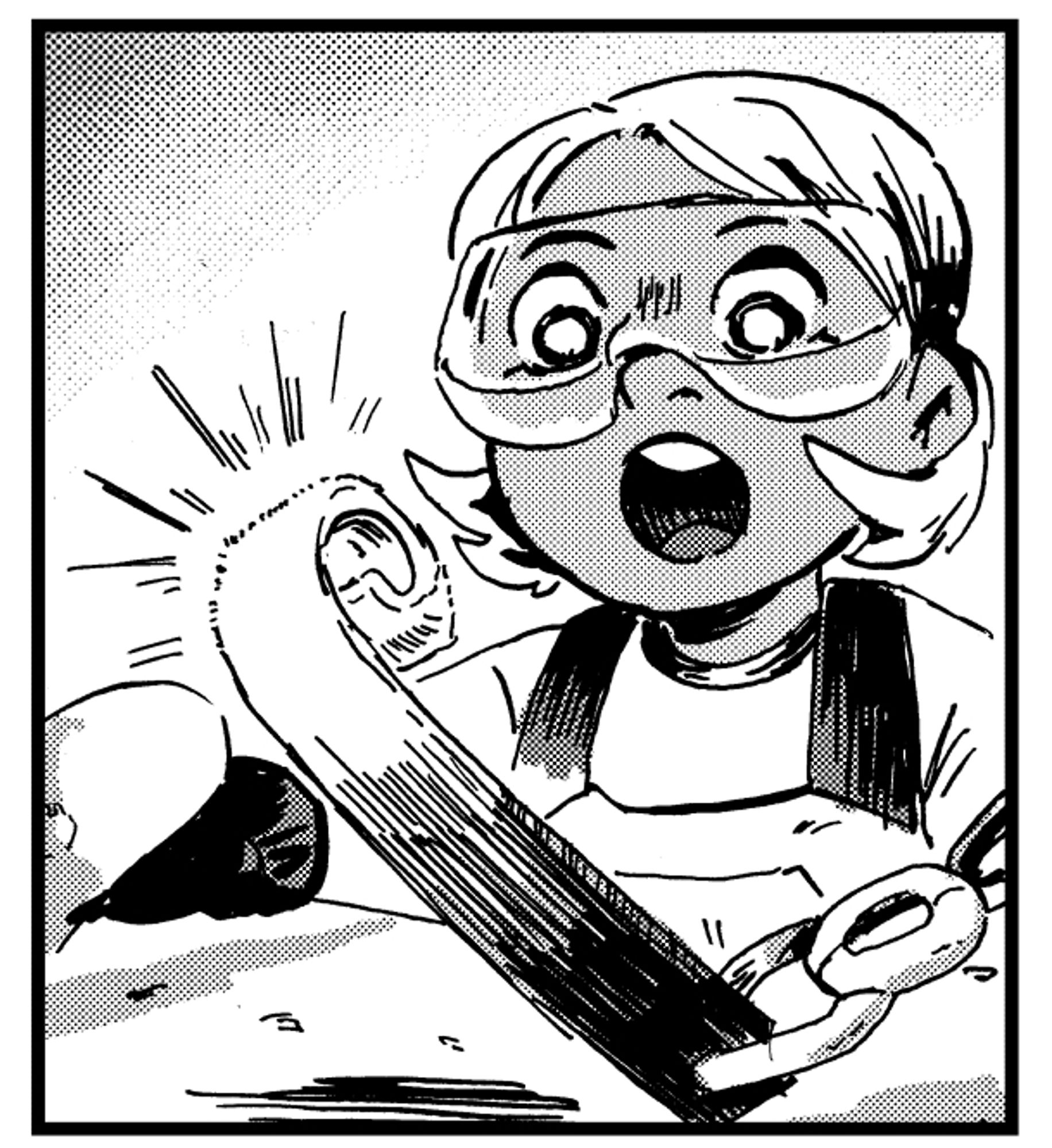 comic book panel of the character Yuya looking at her finished blacksmith exercise!