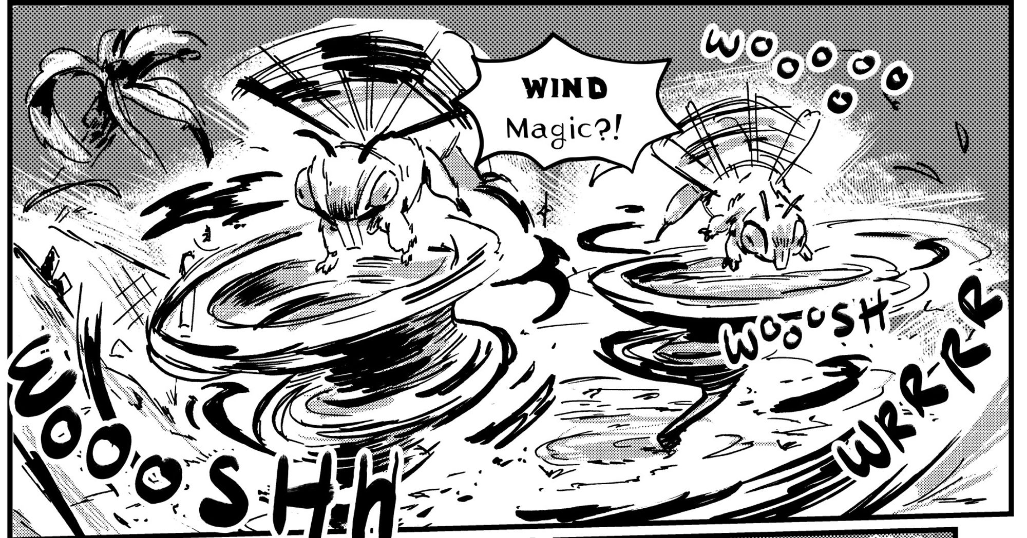 Comic book panel of two creatures conjuring magic tornados "WIND magic??"