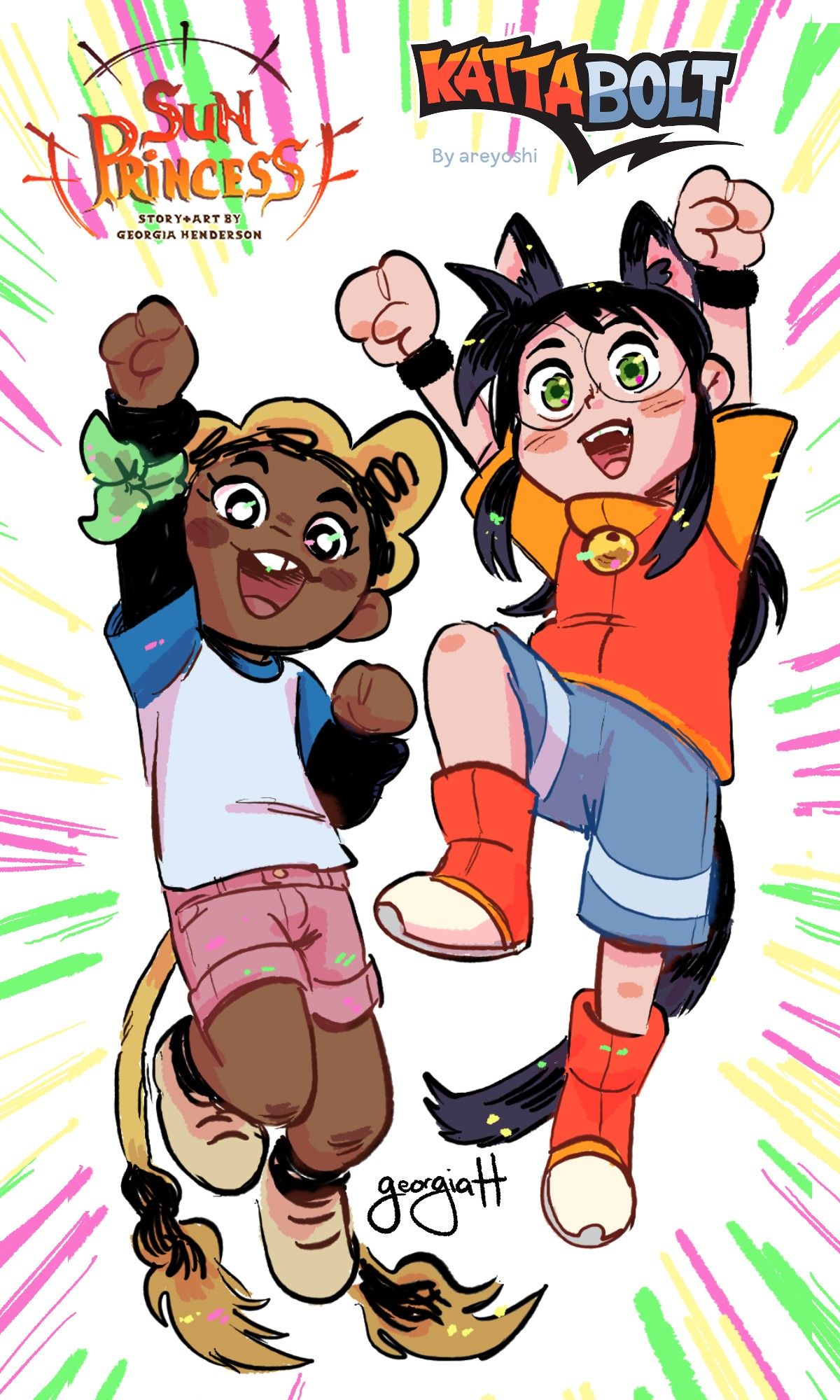 Promo image for the webcomics "Sun Princess" by Georgia Henderson and "Kattabolt" by Areyoshi. The characters Zettie and Alex are jumping and cheering!!!