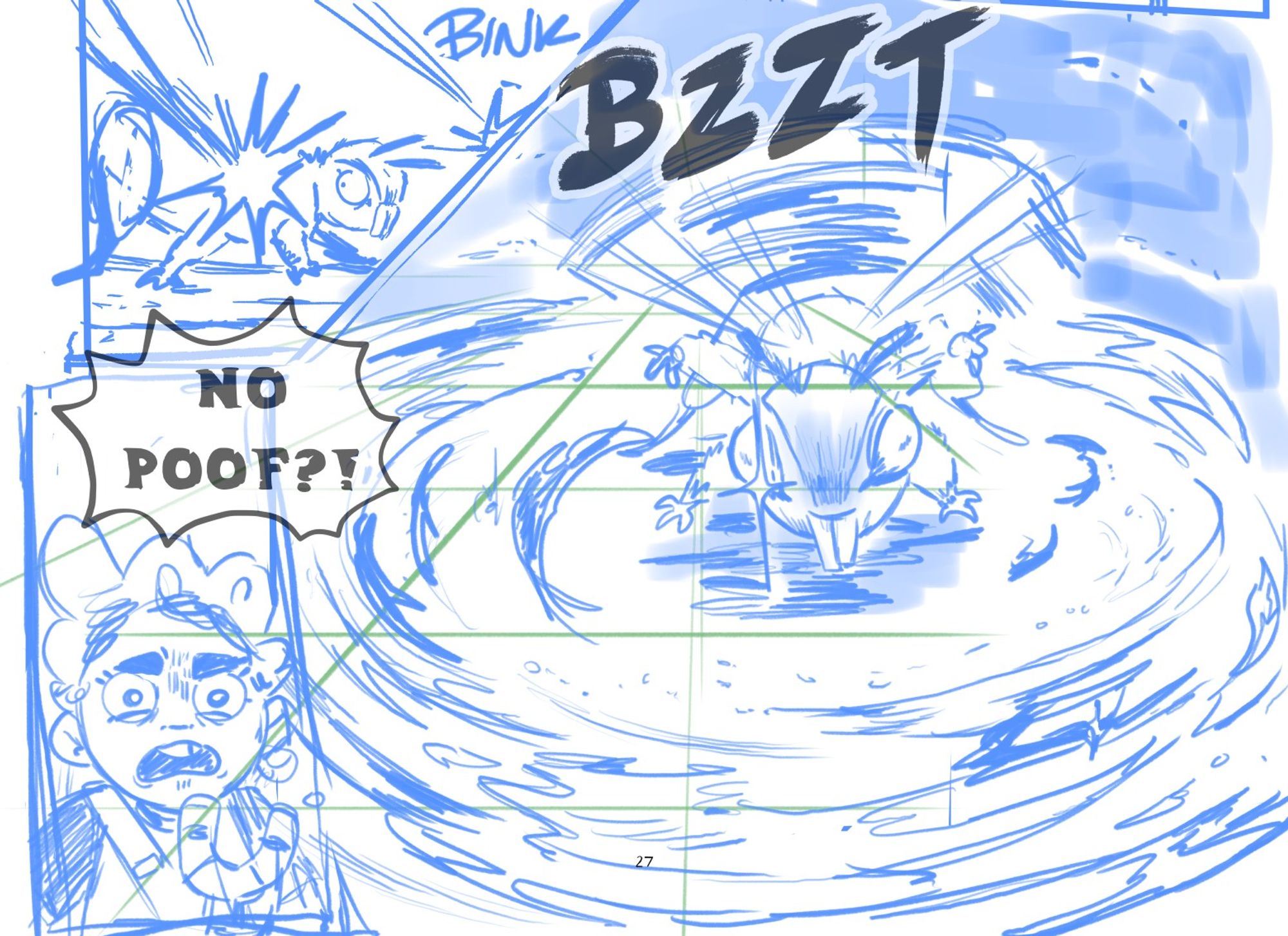 Crop of a rough, blue sline sketch of a comic page. Something hits the monster. Zettie responds, "NO POOF?" the monster then gets angry, summoning a powerful wind.