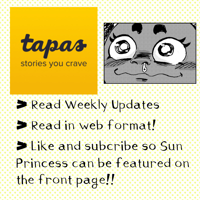 Social media promo image. Features the Tapas website logo. Close-up of Zettie with big watery eyes and a snot nose. "Read Weekly Updates. Read in web format! Like and subscribe so Sun Princess can be featured on the front page!!"