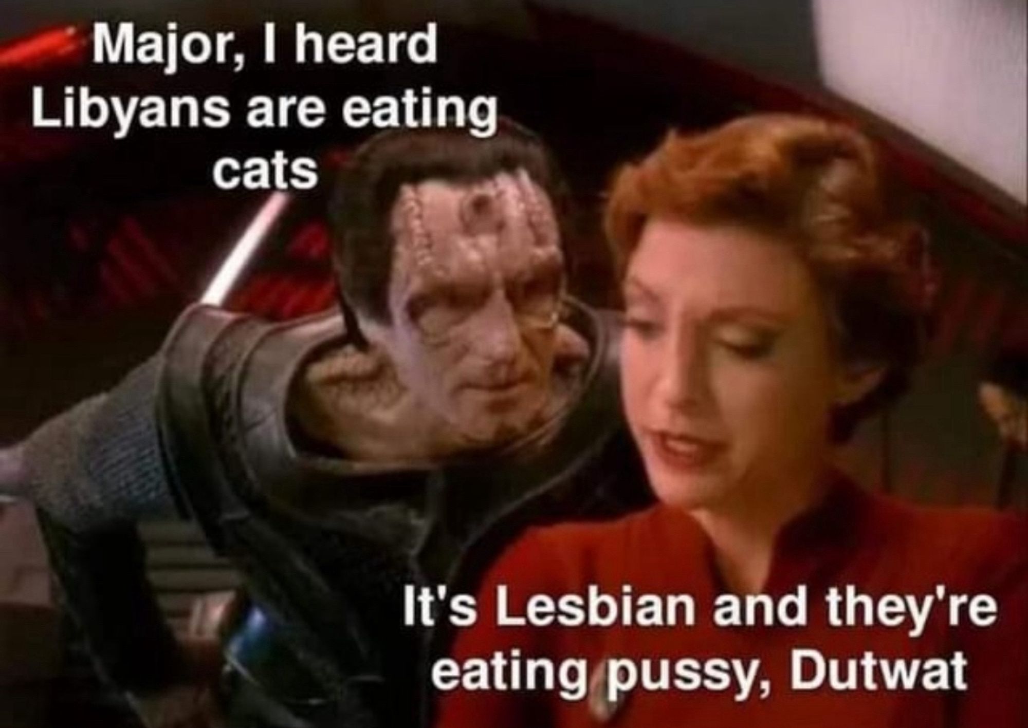 Gul Dukat leaning in to Major Kira from DS9 saying "Major, I heard the Libyans are eating cats"

The major doesn't bother to look back at him and just replies: "It's Lesbian and they're eating pussy, Dutwat"