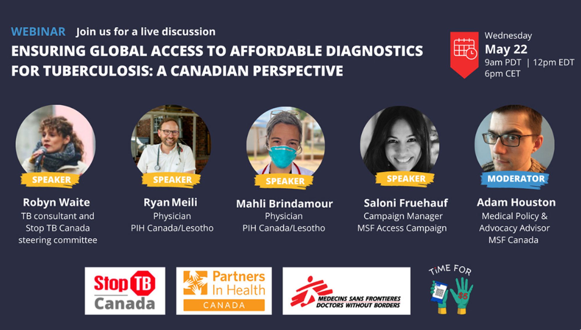 Webinar poster listing speakers Robyn Waite, Ryan Meili, Mahli Brindamour, Saloni Fruehauf and moderator Adam Houston, along with organizational logos. Event is on May 22 at 12pm EDT.