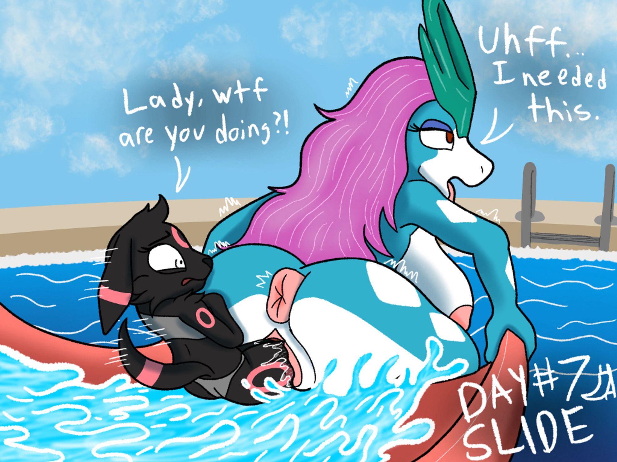 An umbreon with pink markings sliding down a water slide, as a large suicune woman is waiting at the bottom. The suicune is completely naked, her ass positioned at the end of the slide. As the umbreon slides down, their legs are caught in the pussy of the suicune, presumably to be pulled much deeper inside.
Umbreon text: “Lady, WTF are you doing?!”
Suicune text: “Uhff… I needed this.”