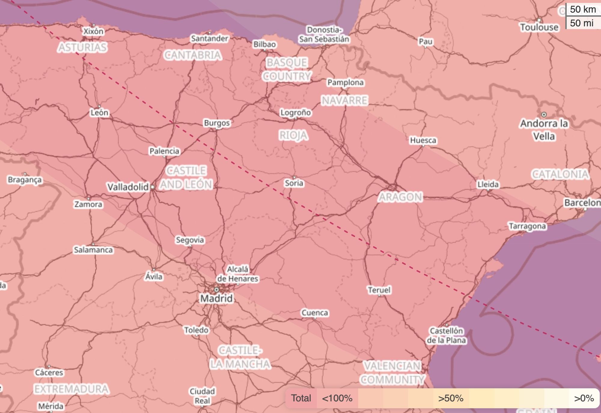 A zoom in on a map of Spain showing the path of totality just missing Madrid.

FromL https://www.timeanddate.com/eclipse/map/2026-august-12