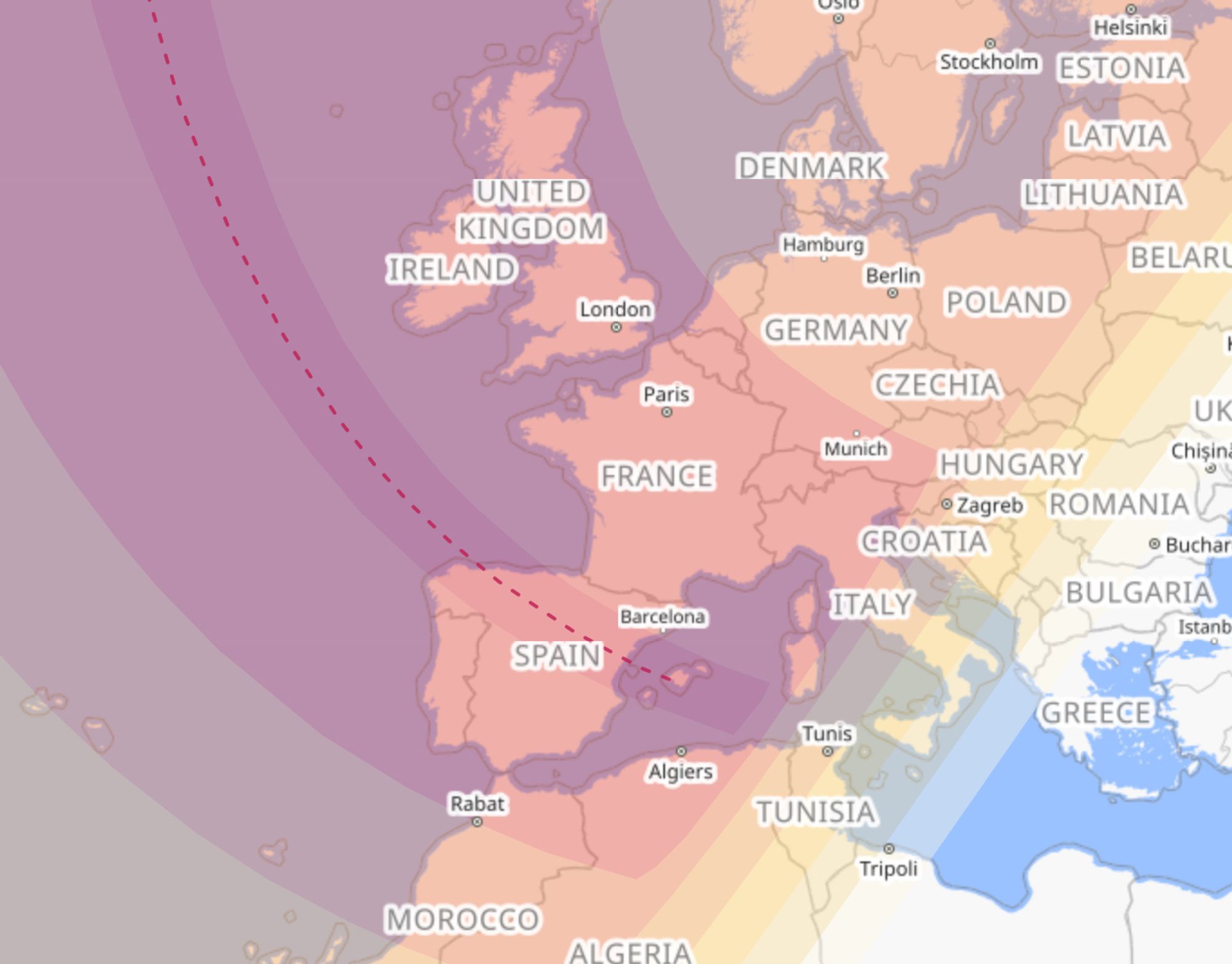 A map of Europe with swopping colour bands over it showing the path of a total eclipse on the 12th August 2026.   A dotted red line shows where observers will see 100% total eclipse, passing through Spain.
From https://www.timeanddate.com/eclipse/map/2026-august-12