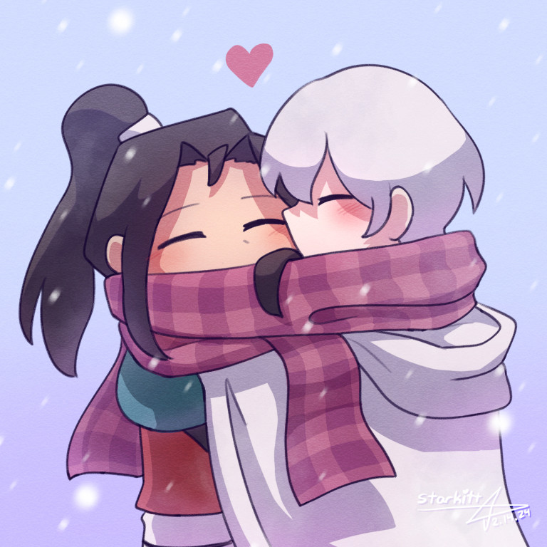 A digital drawing of Hikari and Temenos hugging in front of a pastel blue and purple gradient backdrop.
The drawing has a paper-like texture.
Temenos is kissing Hikari on the cheek, while Hikari smiles. They are both sharing a scarf. It is also snowing.