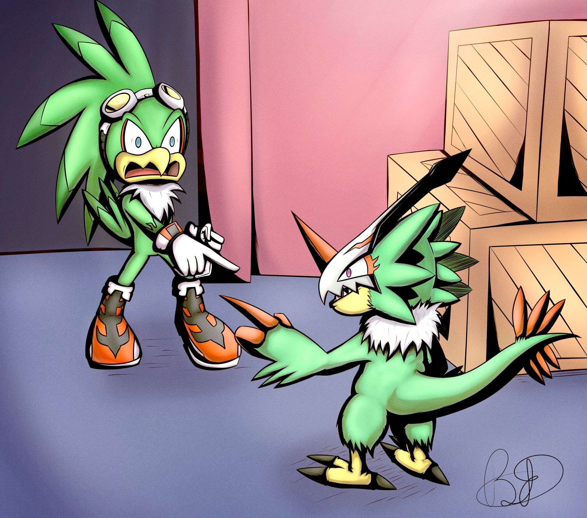 A digital drawing based on the Spiderman meme, where there is two characters, who are Pteromon from Digimon and Jet The Hawk from Sonic.