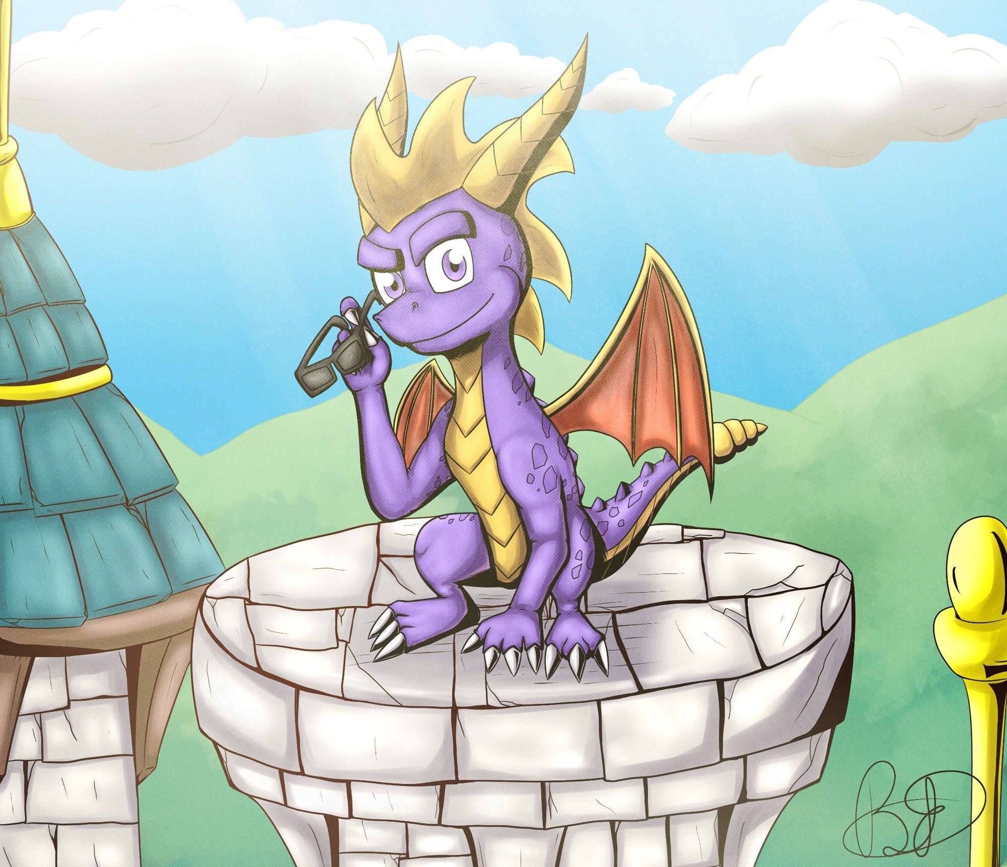 A digital drawing where there is Spyro The Dragon on some towers, holding sunglasses.