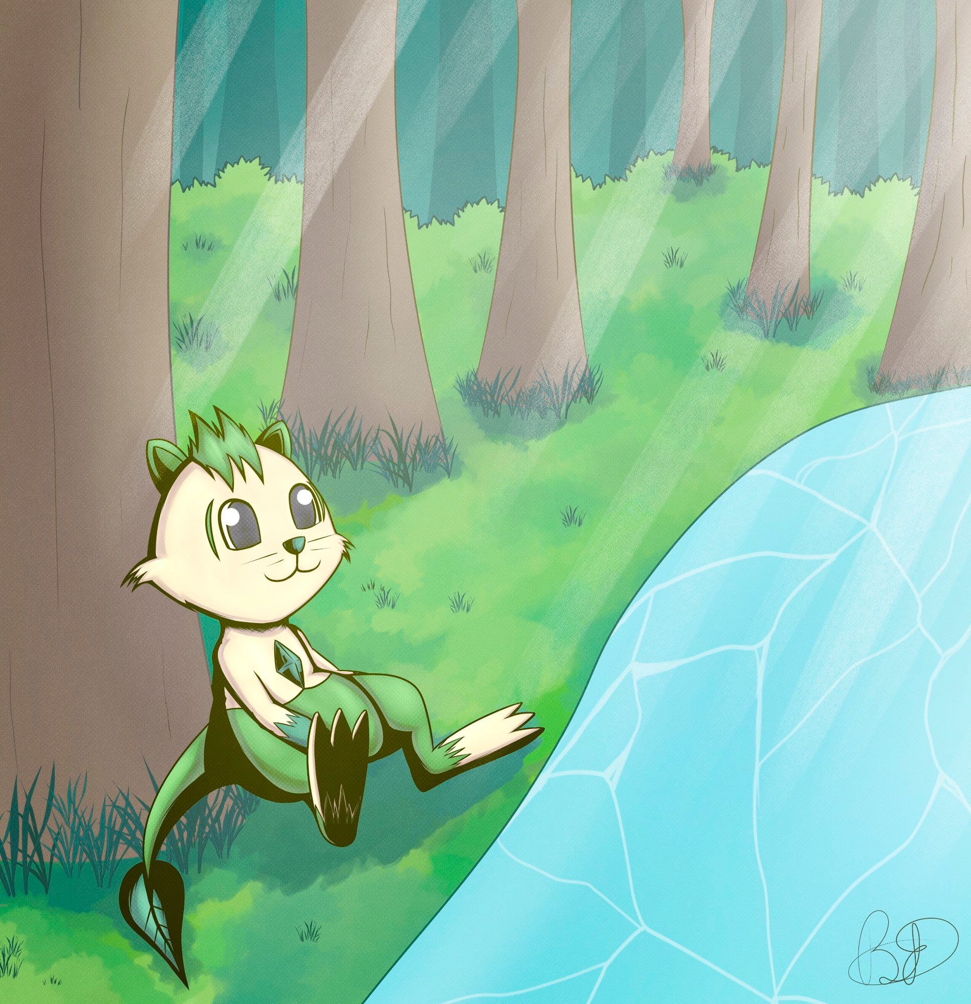 A digital drawing where there is a character who is in a forest.