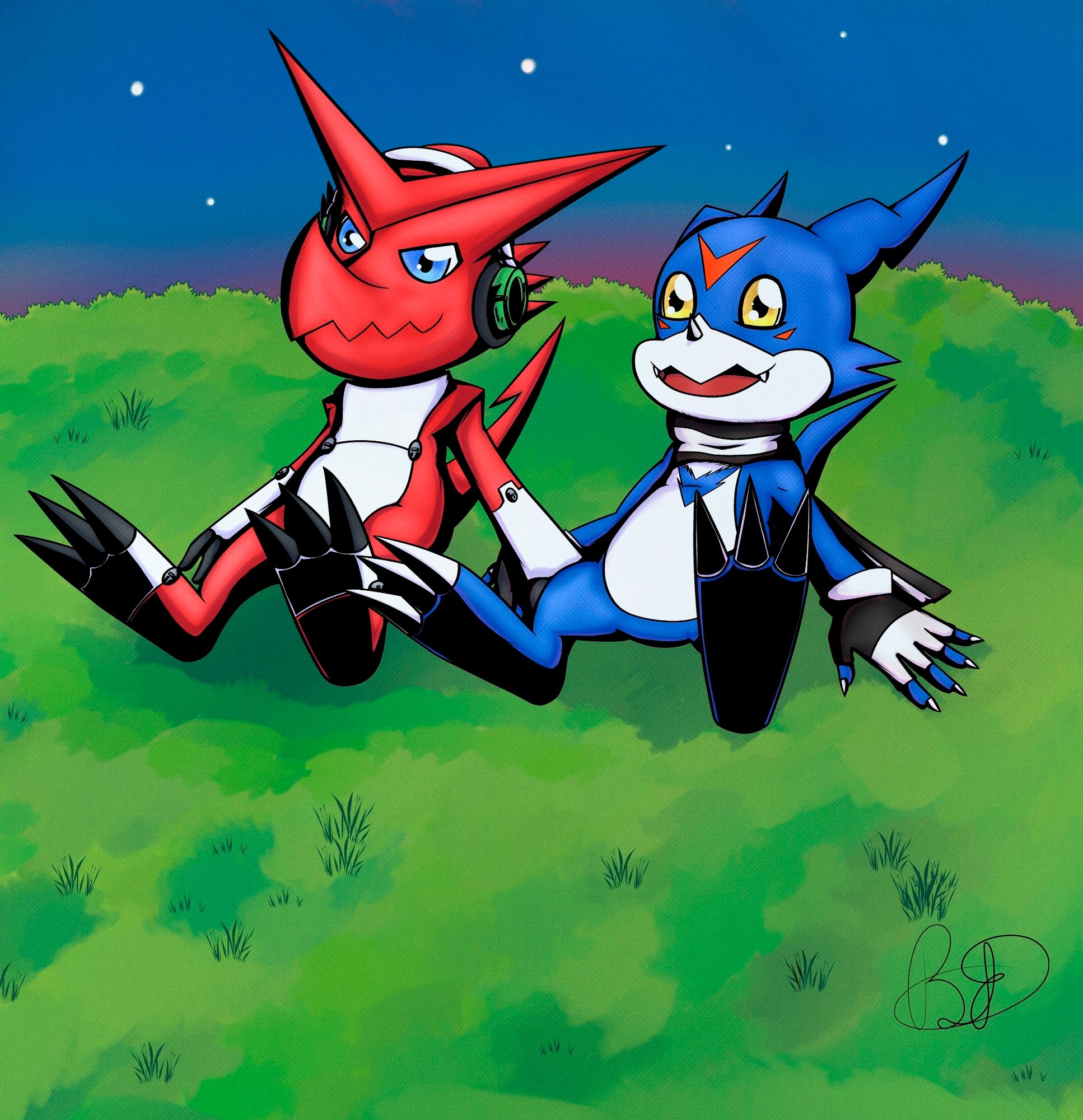 A digital drawing where there are two characters from Digimon, although one is an OC.