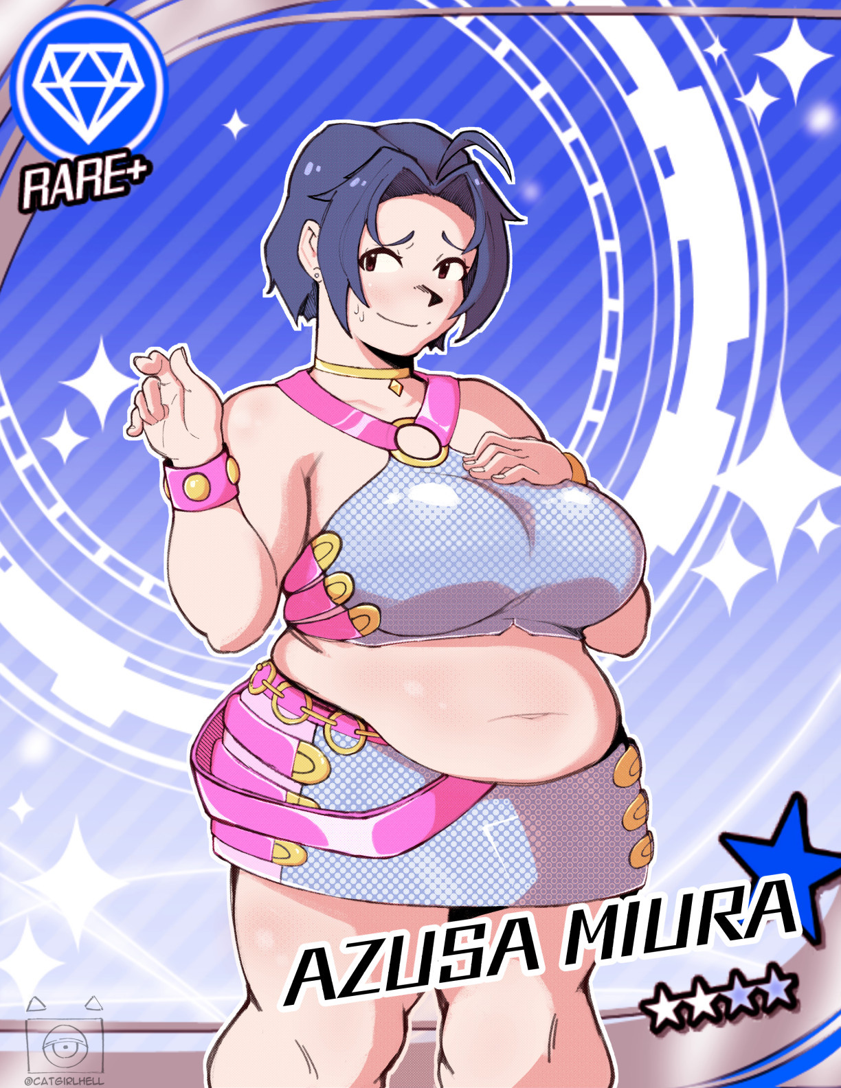 faux gacha card depicting Azusa Miura from idolm@ster but with a plus-sized body type