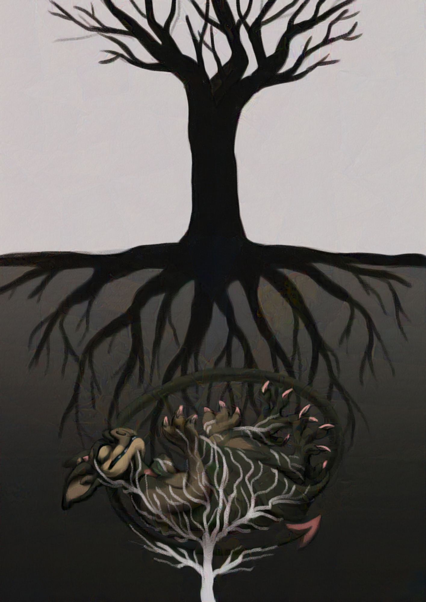 Digital painting of an anthro bat character, they are green/brown in color. They are curled up almost like a fetus and they have Mycorrhizal roots coming up from the bottom of the image enveloping the anthro chara. Above them is a silhuette of a black tree with it's branches reaching down to the character, character is laying on a dark grey background and the tree has a white background making it look like the character is under the tree in the soil.