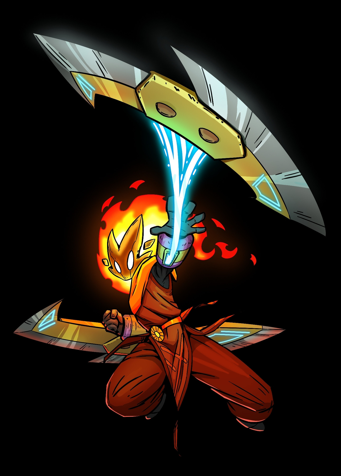 Omenforged (player character) with the mask of Solesh wielding the Link Blades weapon.