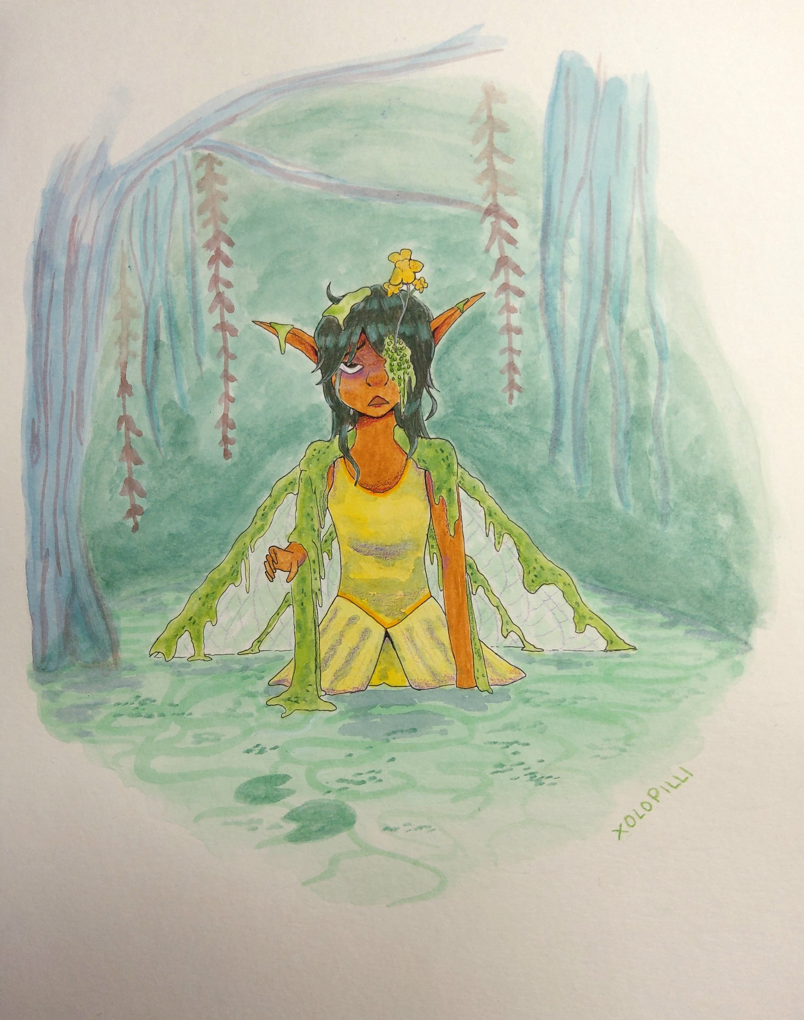 Image description: A watercolor and colored pencil painting with inked line art of a young fairy-ish figure standing waist deep in murky water. They are dripping with bright green algae, and wearing a bright yellow leotard that has a petal-ish skirt around the waist floating out into the water. From their left eye blooms a bladderwort plant.

The character is reaching out to the viewer with a tired and zombi-ish look