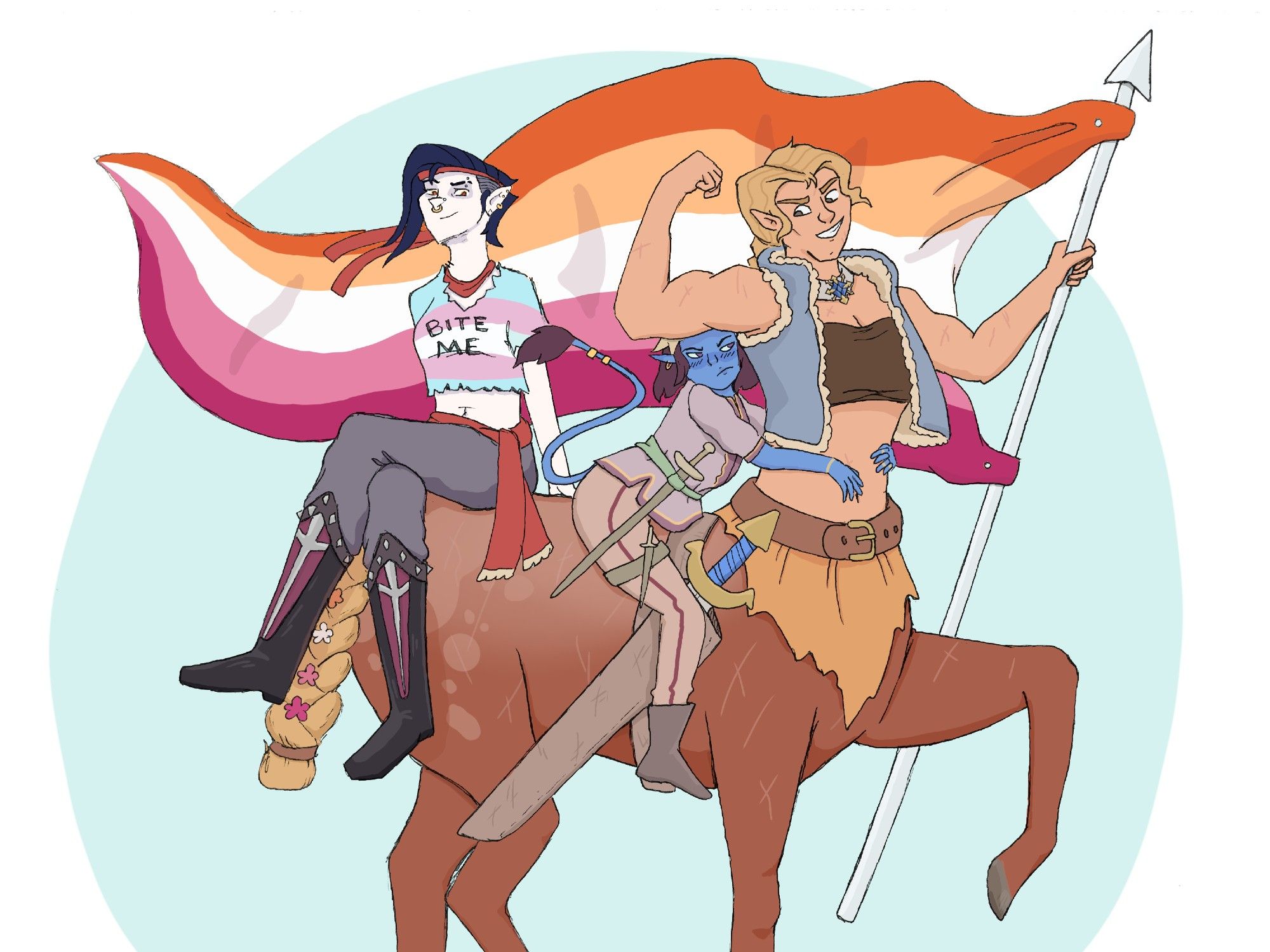 3 characters sit upon a centaur who is holding a flag pole, with the orange, white, and pink lesbian flag blowing behind them.
The centaur is a buff white woman with sandy blonde hair who is flexing her other arm to impress the blue tiefling woman relunctantly holding onto her waist, but blushing.
The blue tiefling woman has east asian features and a pirate uniform inspired by traditional Filipino clothing.
The third character sits tall and proud at the end, with a cocky smile on her face.
She's a pale vampire with dark hair and wears some of her own pirate getup. She's torn a trans flag  t-shirt into a croptop which says "bite me".