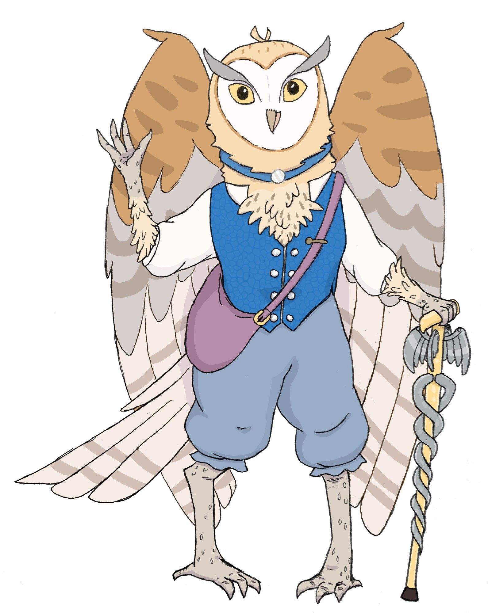 Digitally colored sketch of an owlin character from a d&d campaign. Owlins are humanoid owls with claw like arms but wings on their back. This owlin sports tawny, grey, and cream coloration. She has long feathey eyebrows and bright yellow eyes framed by a heart shaped face like a barn owl.
She wears a bright blue vest, a maroon bag of holding, a choker style necklace with a shiny coin in its center, and grey false-knee length pants. 
In her left hand is a walking cane which looks like the hospital medical symbol of two snakes wrapped around a pole with wings at the top which create the flanges for her mace.