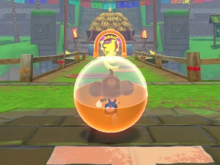 a screenshot of Aiai in Super Monkey Ball Banana Rumble displaying his new costume with an embroidered monkey butt.