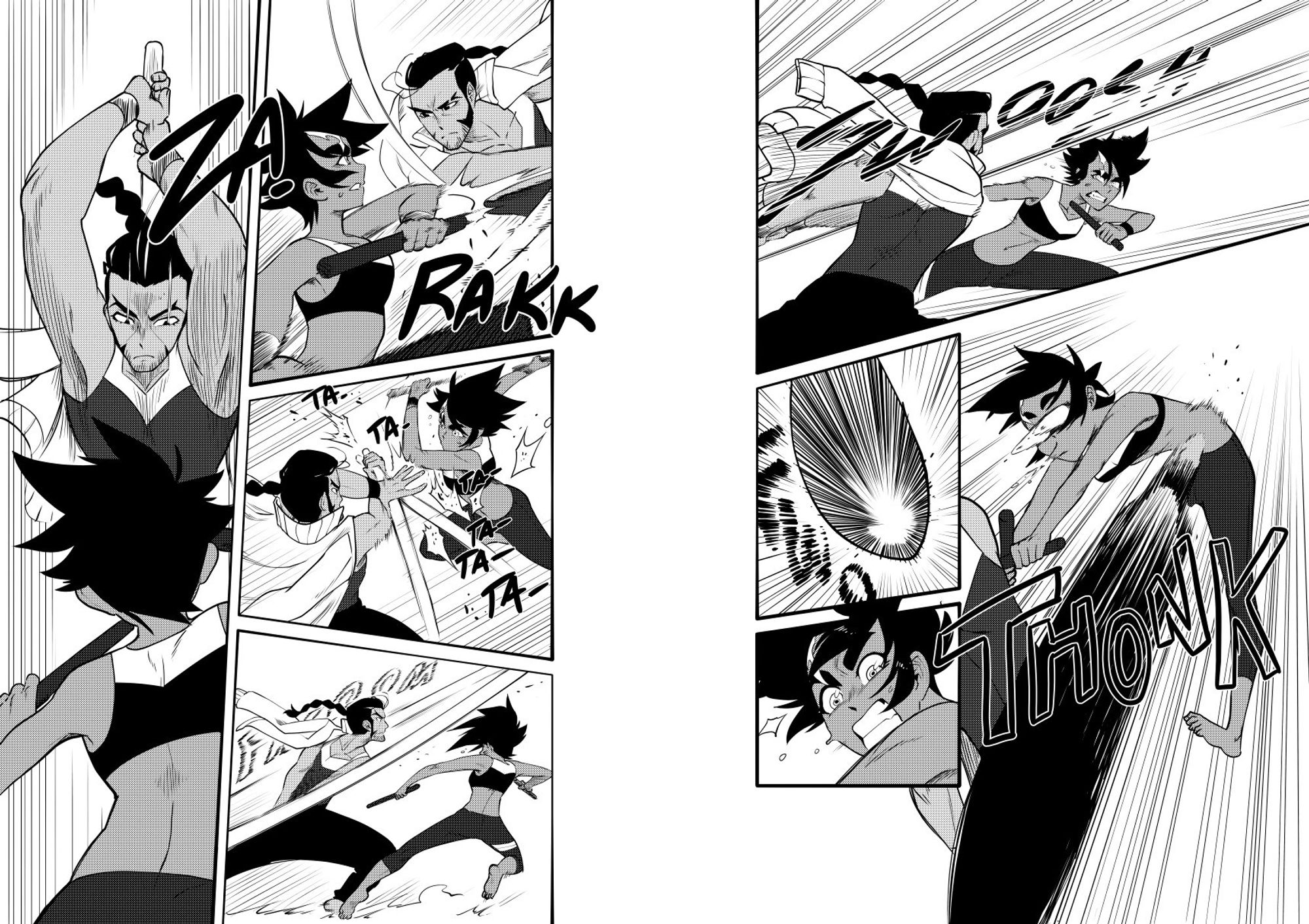 a comic spread featuring a sparring match between a Mira and her coach