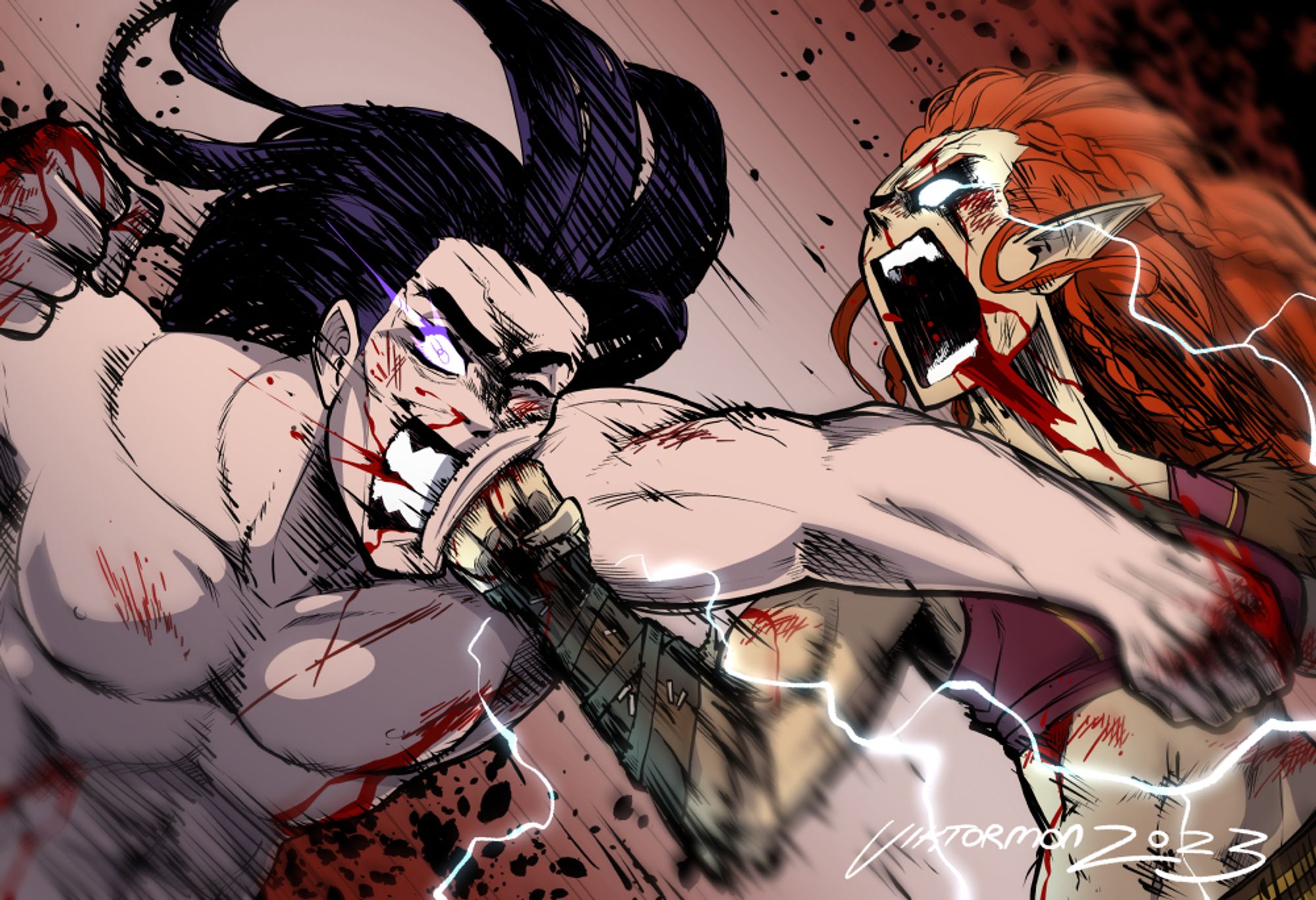 Fanart of High Rollers: Aerois. Aila the barbarian getting the final punch on Starbane.