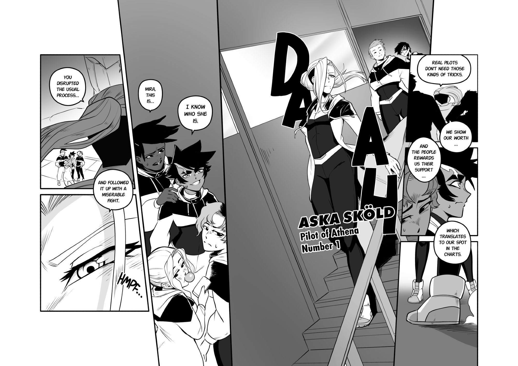 Comic spread of characters reacting to the entrance of an anime rival.