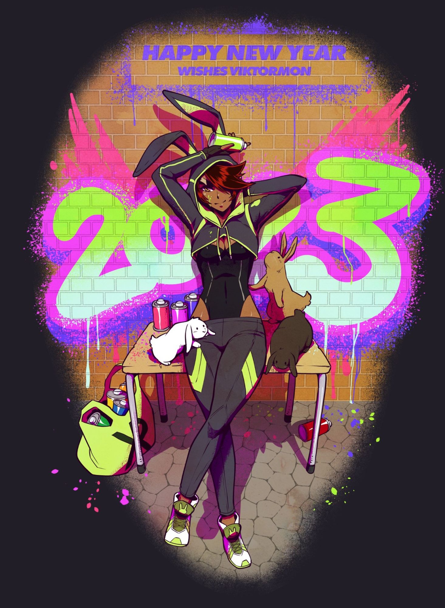 dark skinned short haired woman leaning on a table, surrounded by three bunnies. Behind her is a brick wall with the year 2023 spray-painted on it with neon colors.