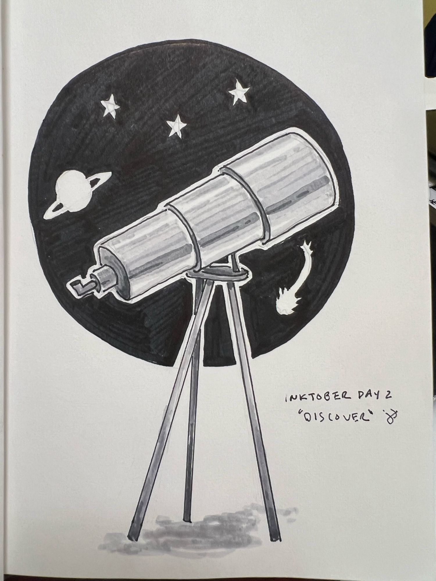 Inktober drawing for the prompt of “discover” which consists of a three segment telescope on a tripod with a black circle of stars and planets behind it. In pen and ink and marker.