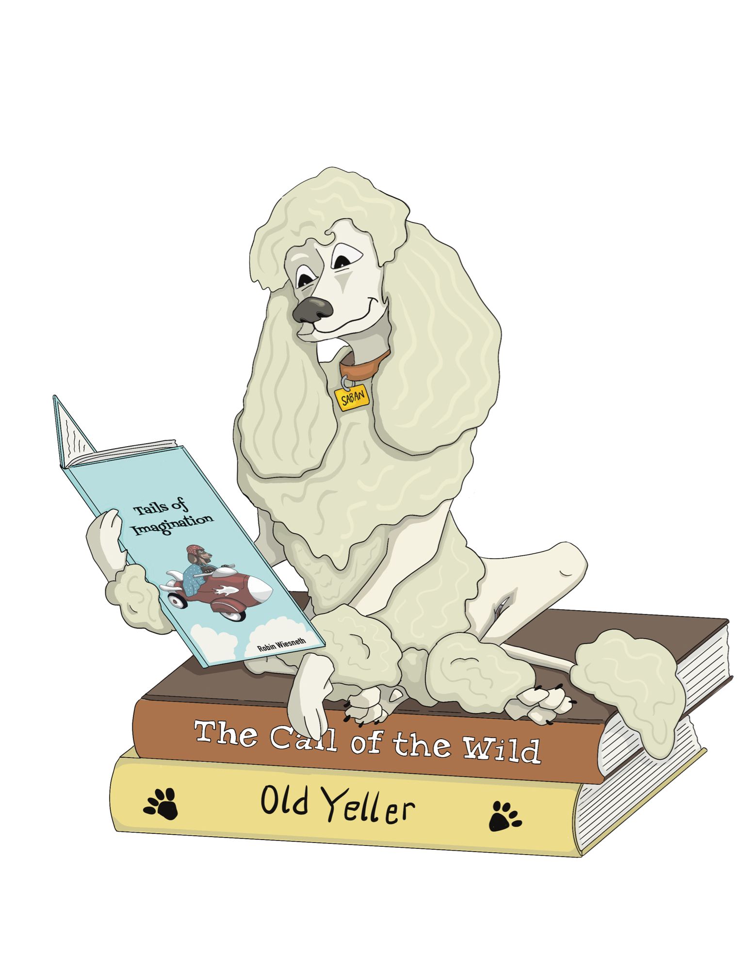 Cartoon dog reading a book